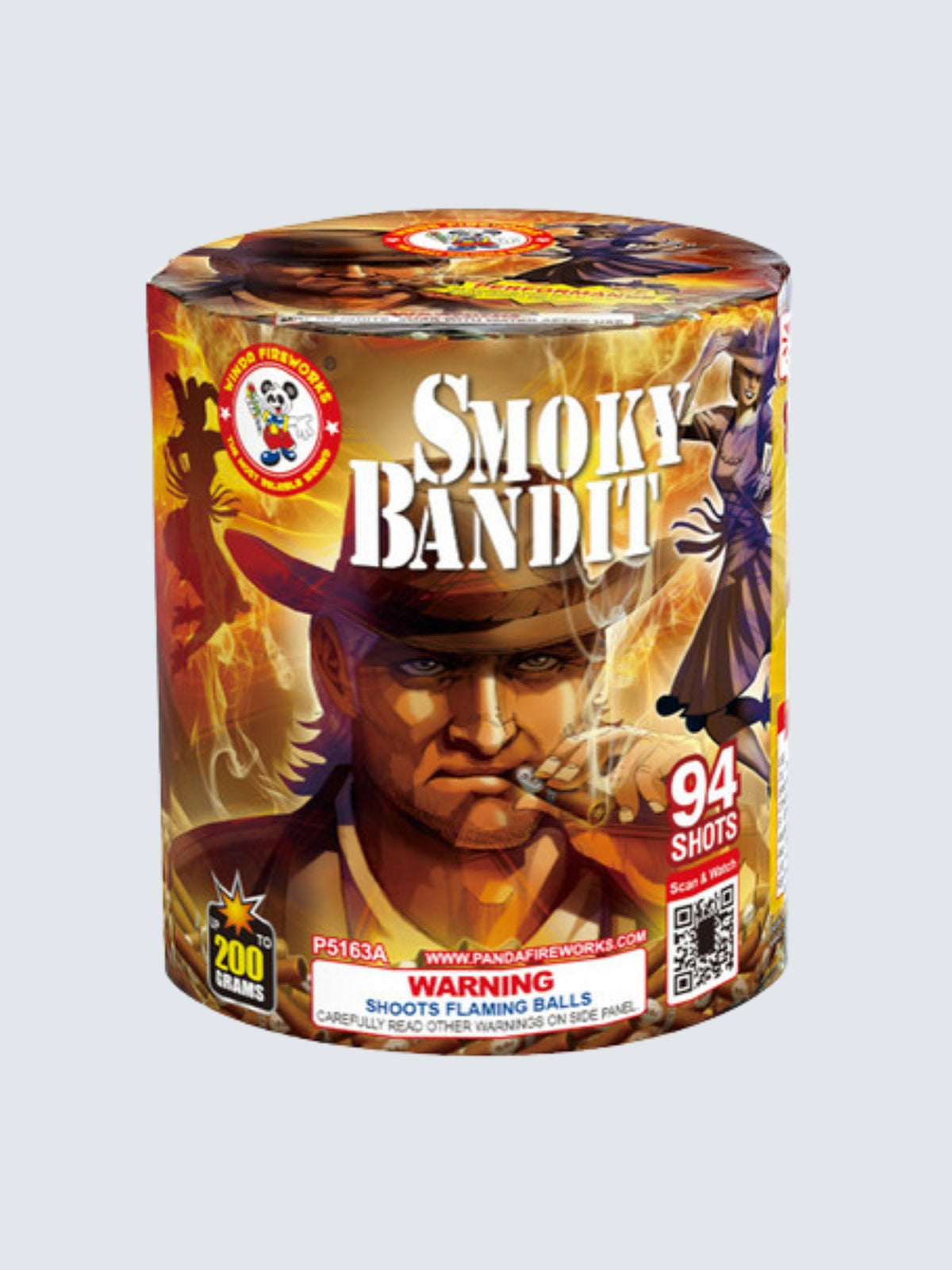 Smoky Bandit 94-shot aerial repeater by Winda Fireworks with a smoking cowboy and dancing women on yellow packaging.
