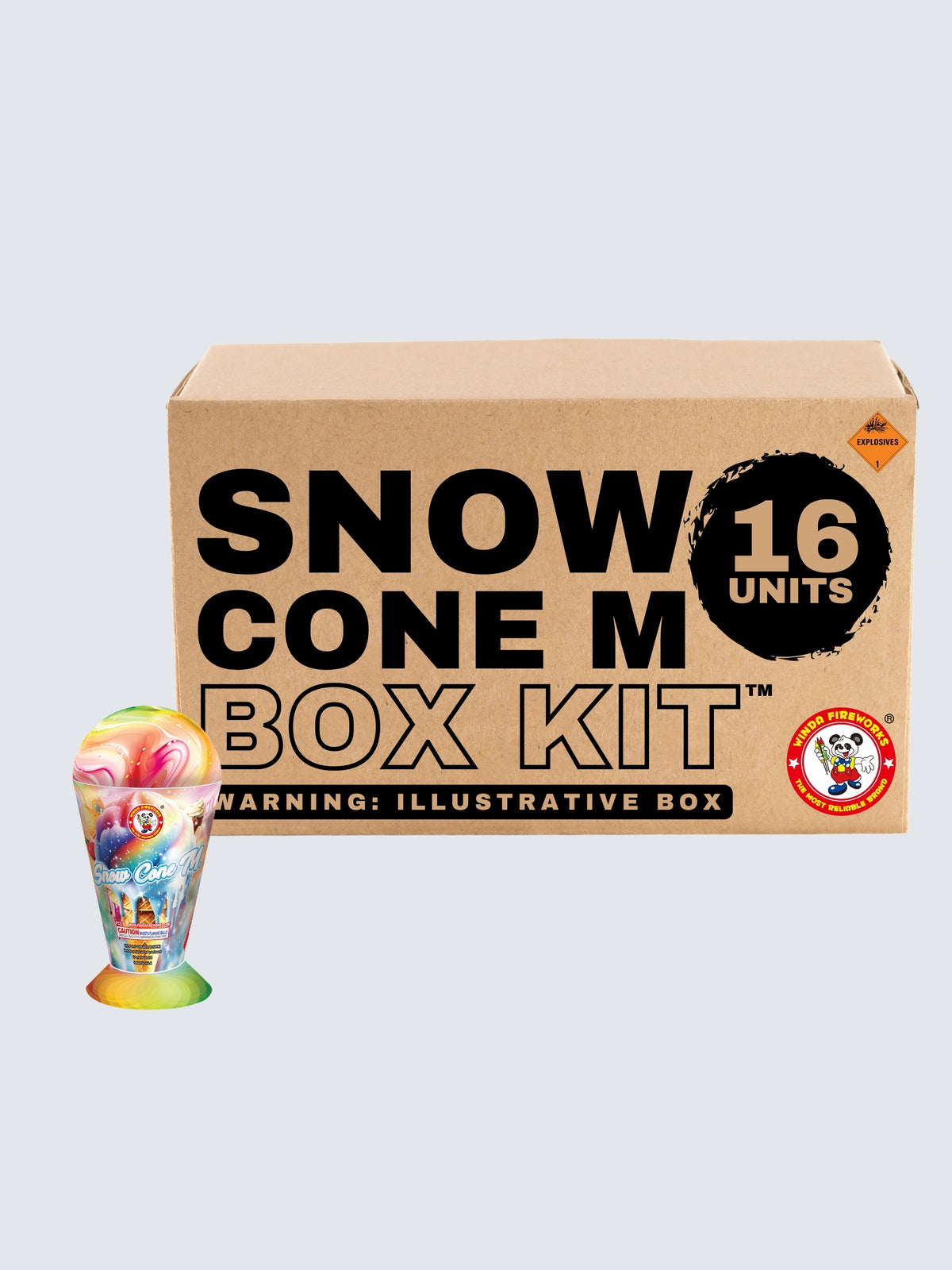 Snow Cone Magic fountain firework box kit by Winda Fireworks includes 16 units with colorful rainbow swirls and snow cone artwork.