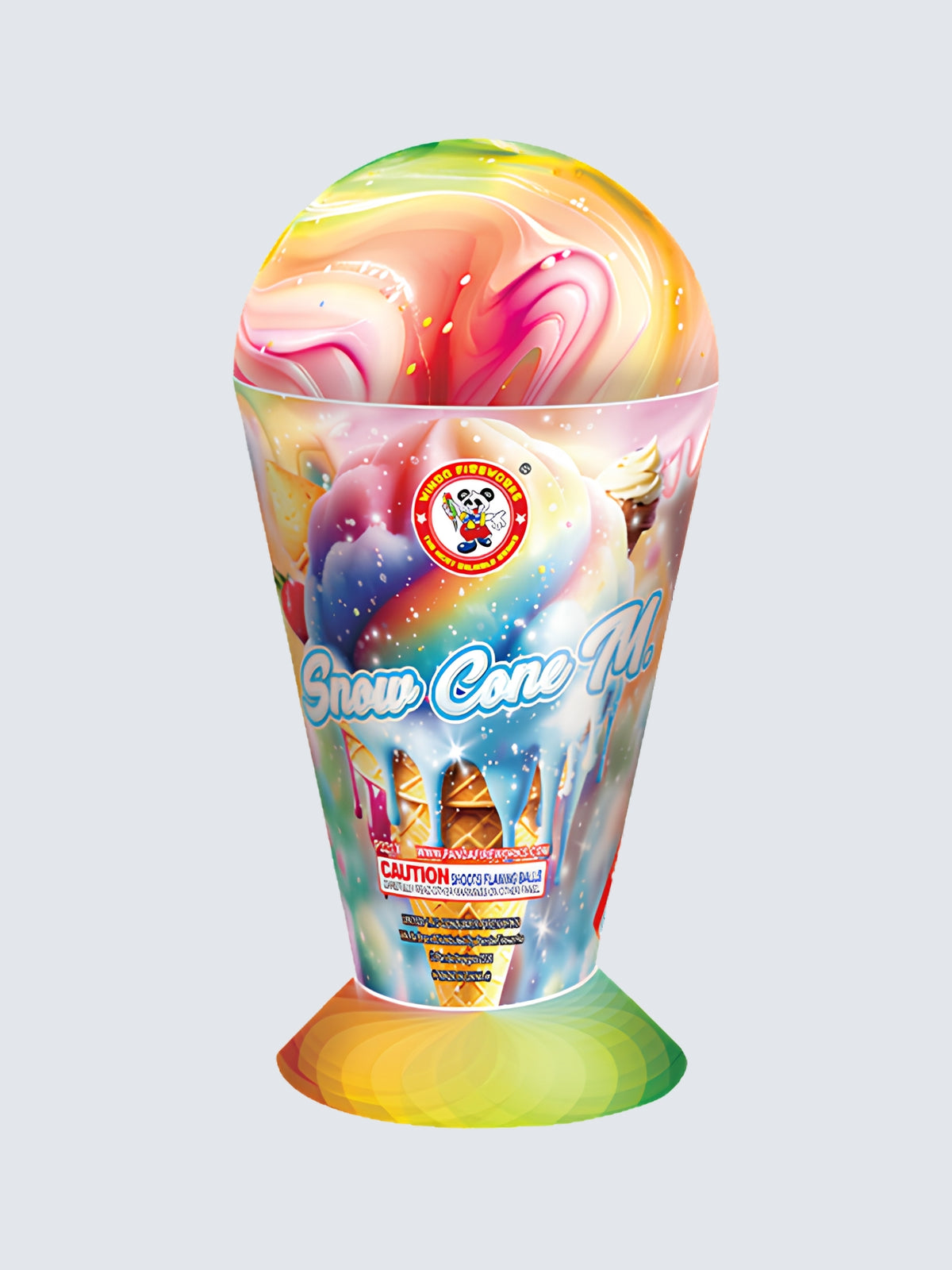 Snow Cone Magic fountain firework by Winda Fireworks featuring a colorful ice cream cone design with pastel rainbow swirls.