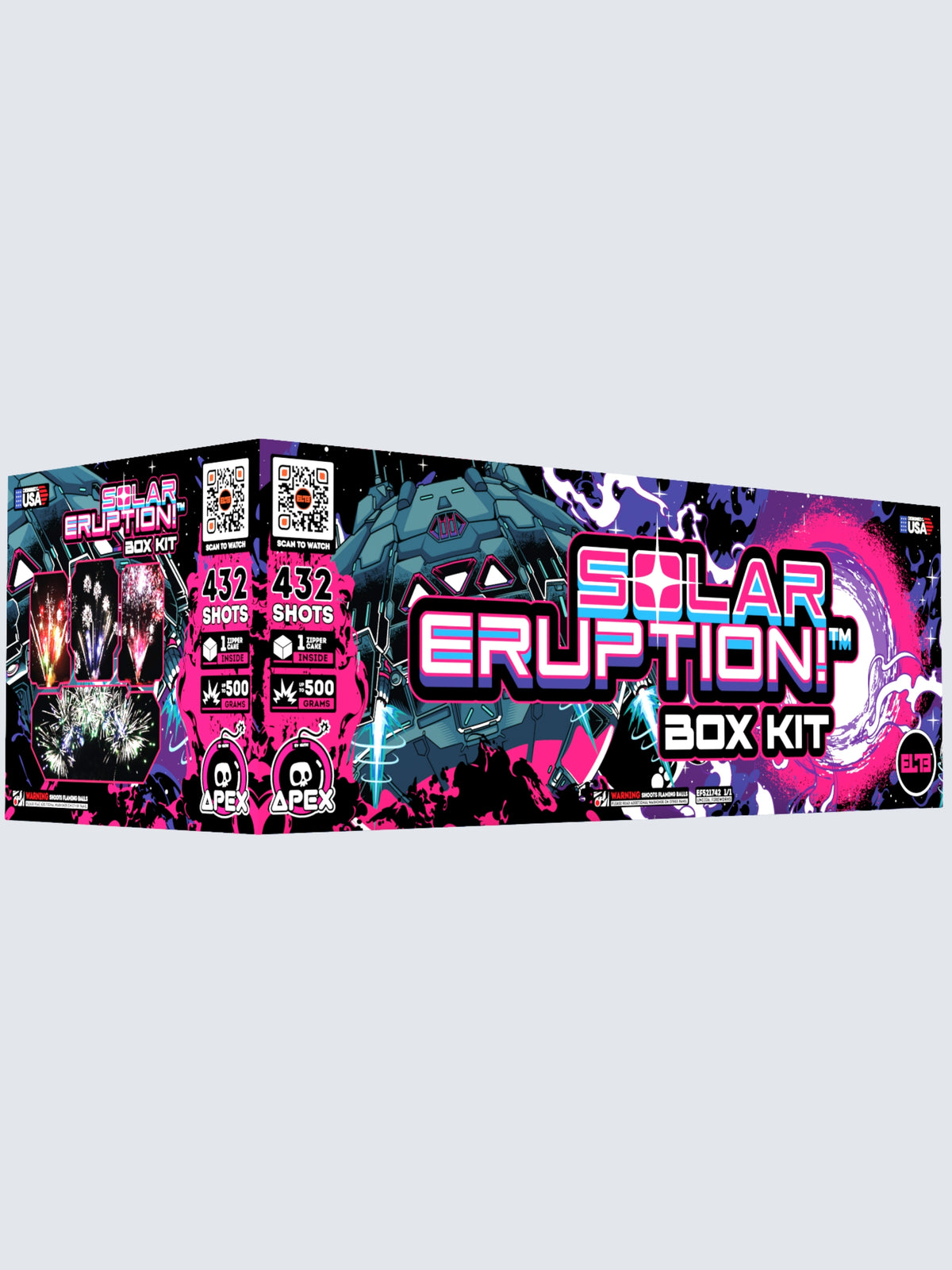 Box kit of Solar Eruption finale cake fireworks. Packaging shows a spacey ufo.