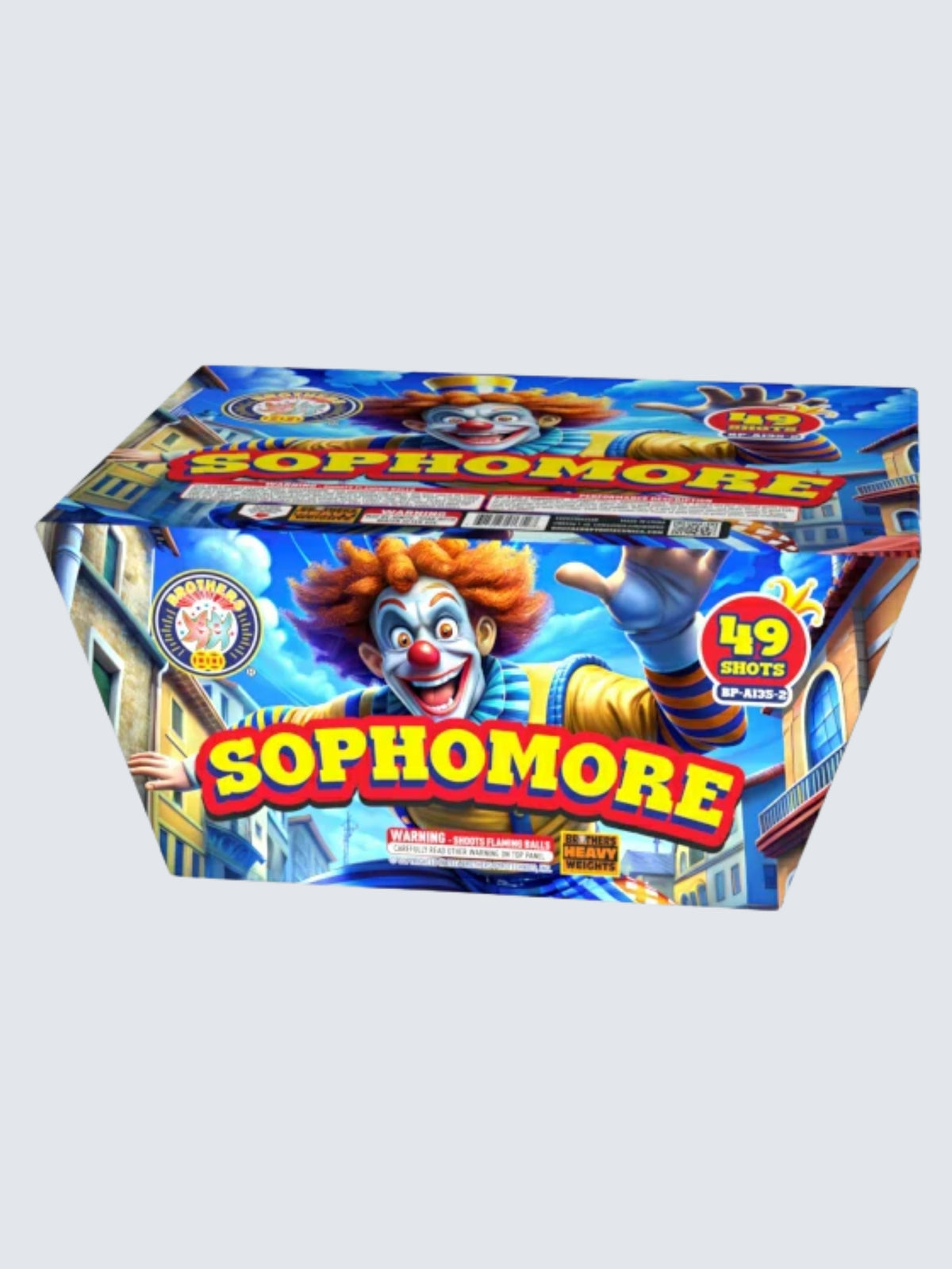 Sophomore 49-shot aerial repeater by Brothers Fireworks, featuring a wild orange-haired clown with a red nose and blue cityscape.