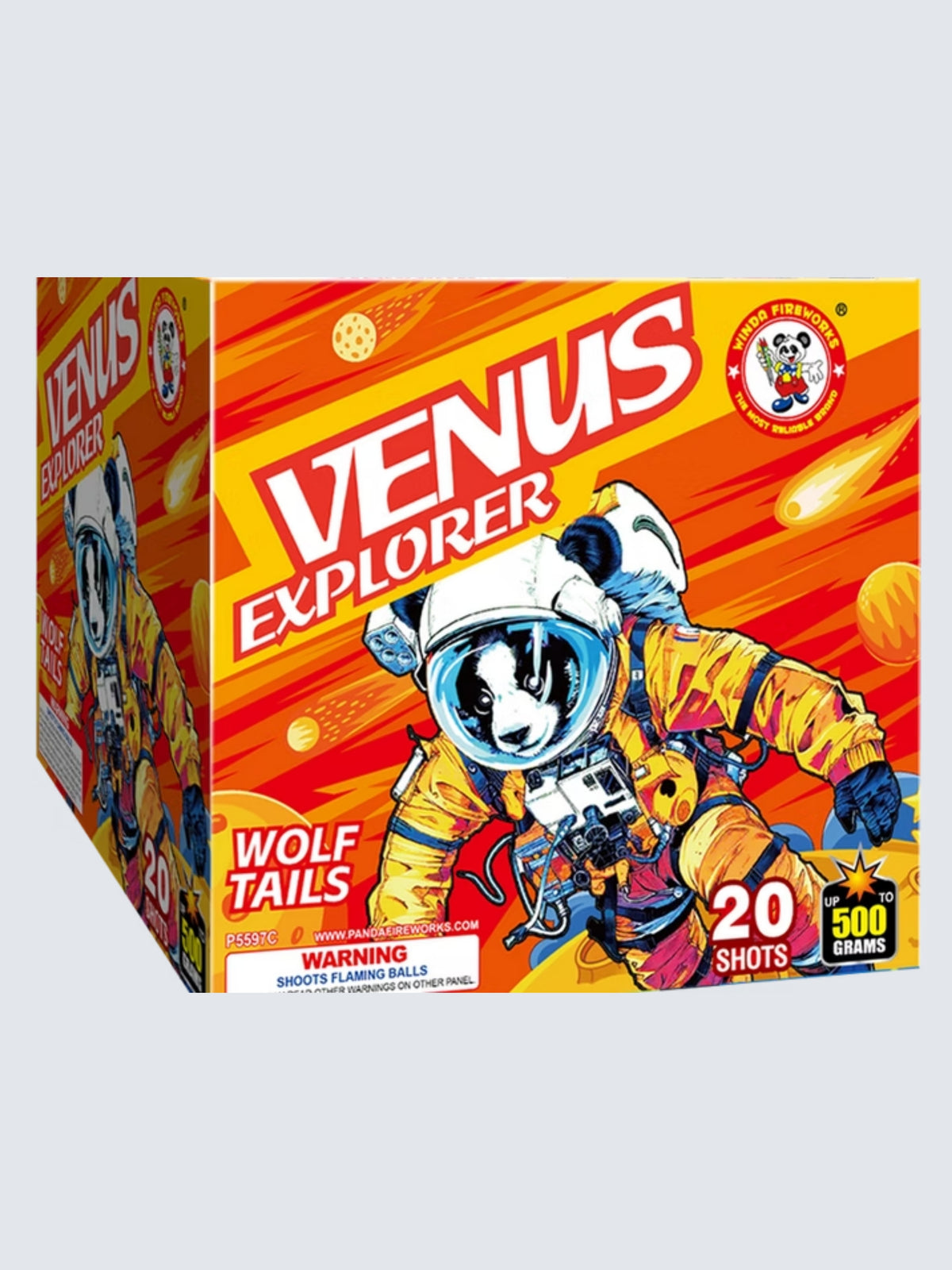 Venus Explorer 20-shot 500 gram aerial repeater firework by Winda Fireworks featuring vibrant orange space-themed box art with a panda astronaut, planets, meteors.