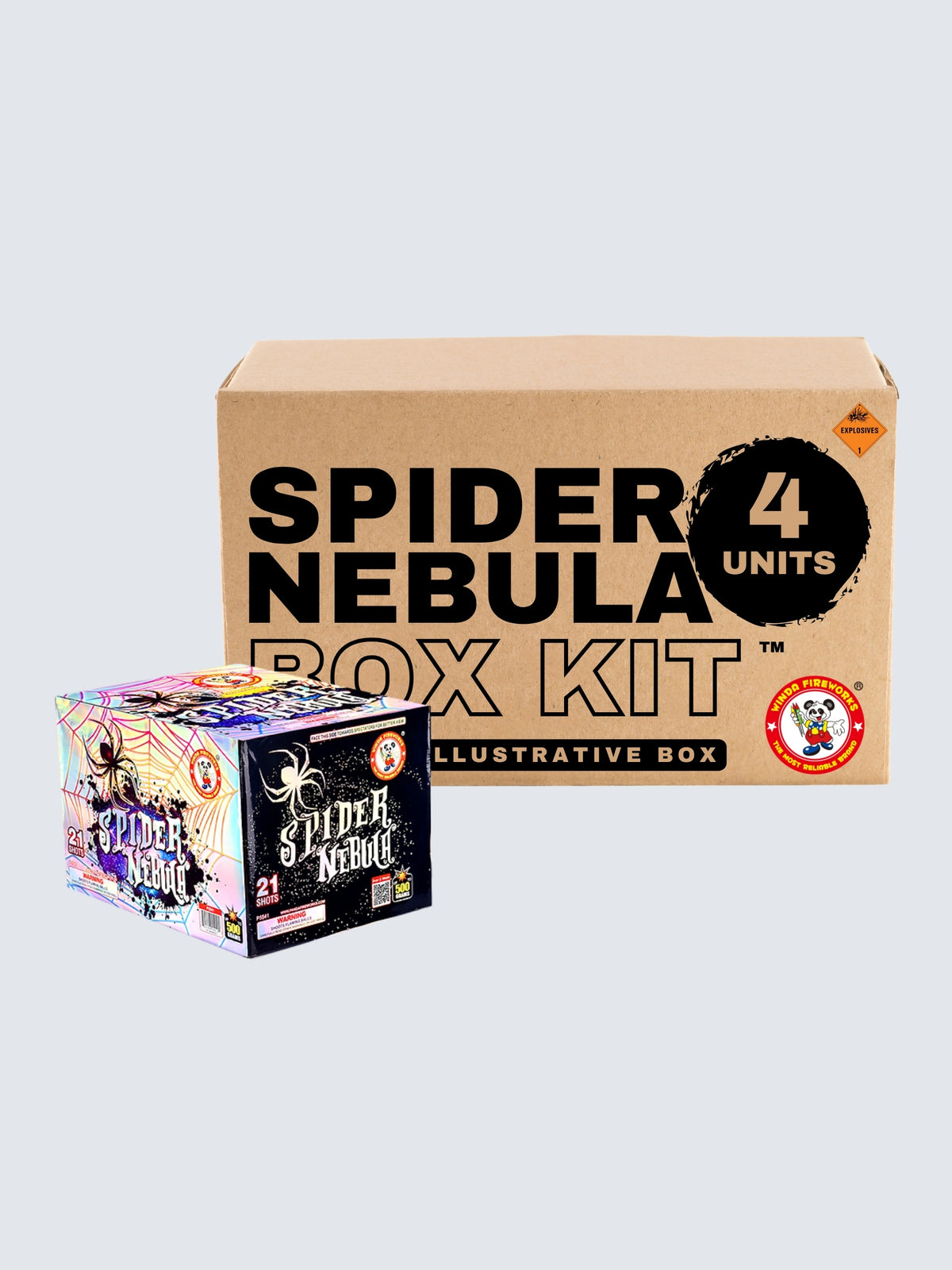 Spider Nebula 21-shot aerial repeater by Winda Fireworks with a black widow spider, vibrant web, and cosmic cloud artwork. Includes 4 units.