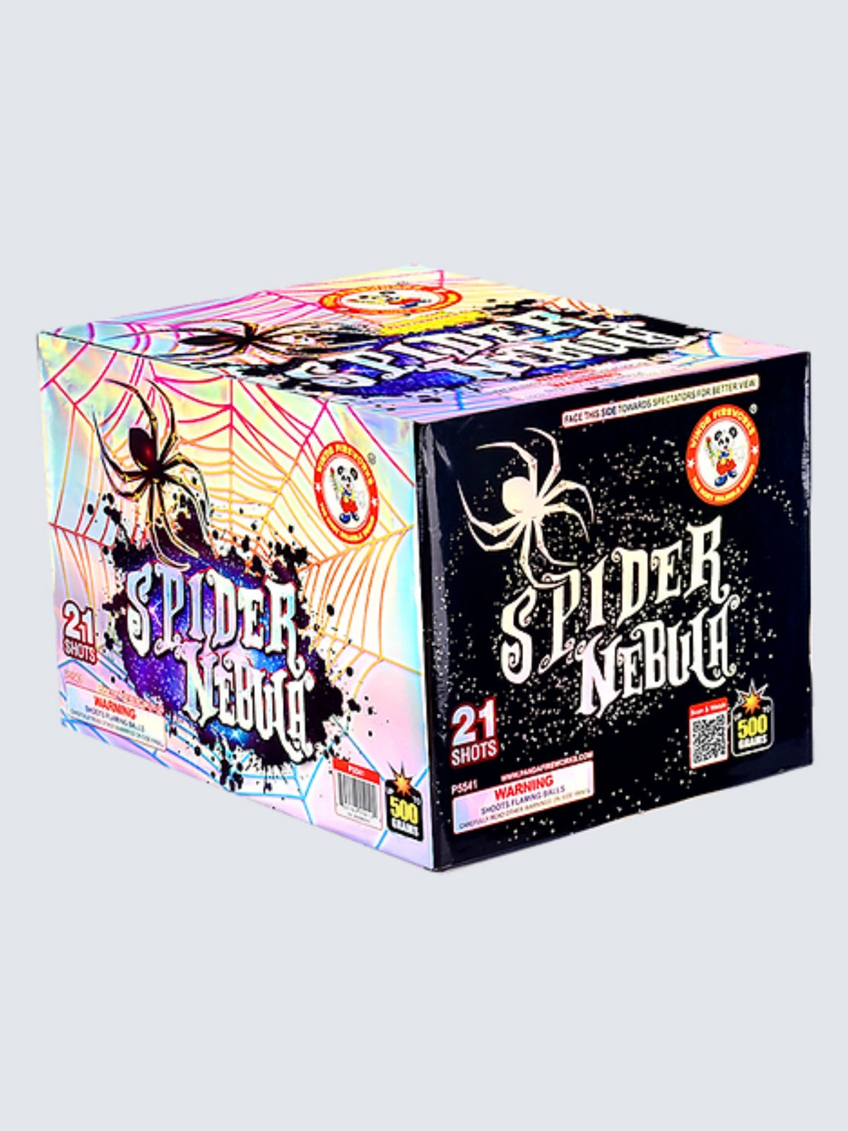 Spider Nebula 21-shot aerial repeater by Winda Fireworks with a black widow spider, vibrant web, and cosmic cloud artwork.