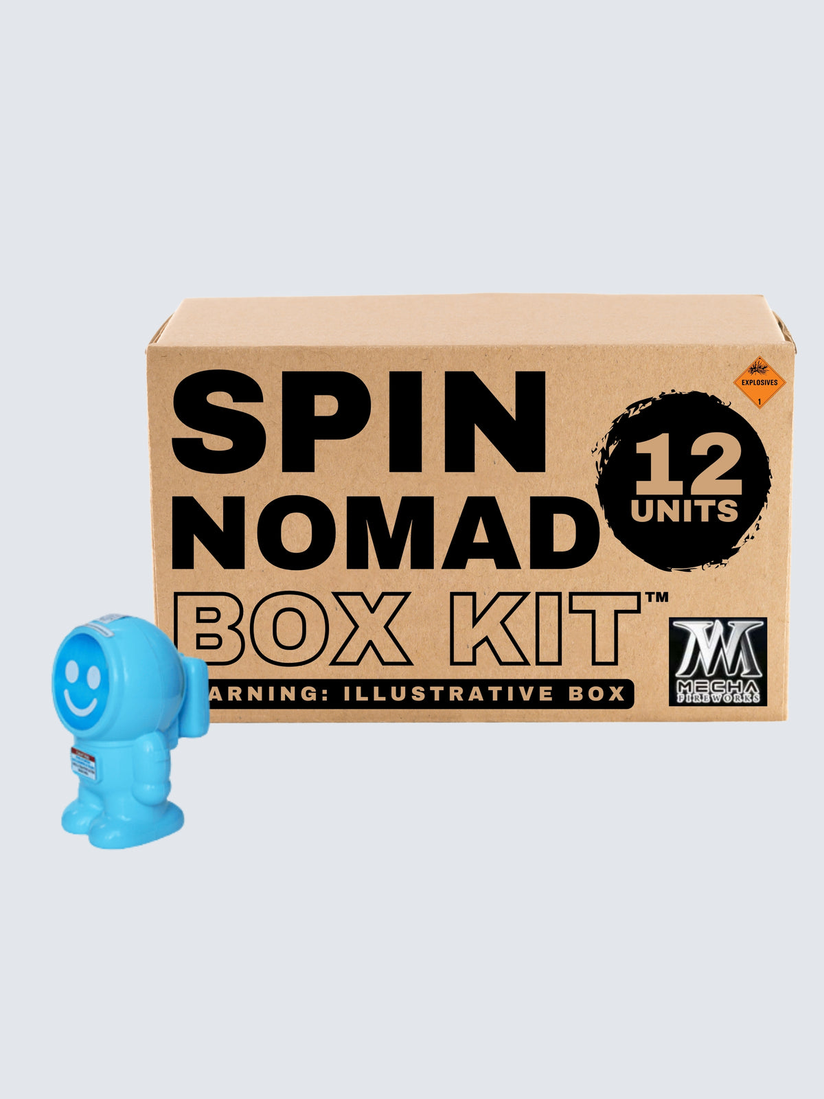 Spin Nomad Box Kit 12-unit novelty fireworks set by Mecha Fireworks featuring blue smiling astronaut-shaped spinners.