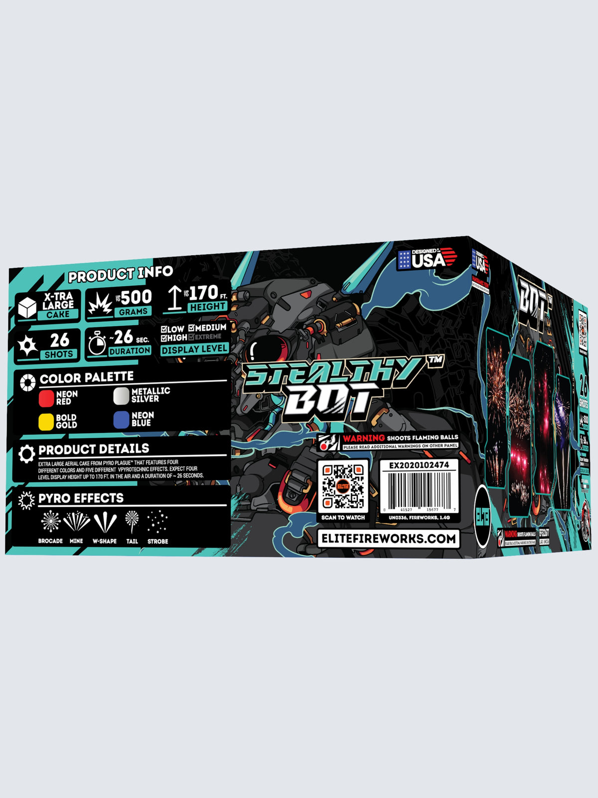 Unit of Stealthy Bot large cake fireworks. Includes 26 shots and packaging shows a teal robot bird.