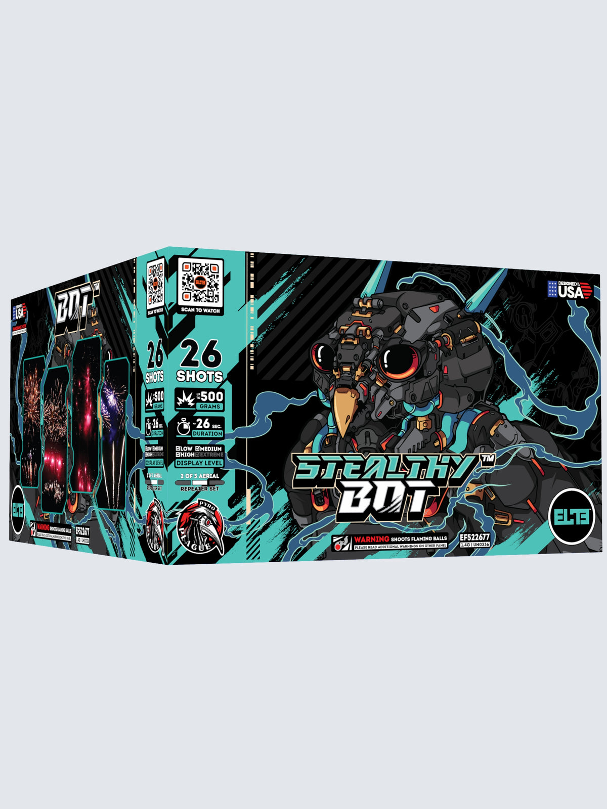 Unit of Stealthy Bot large cake fireworks. Includes 26 shots and packaging shows a teal robot bird.