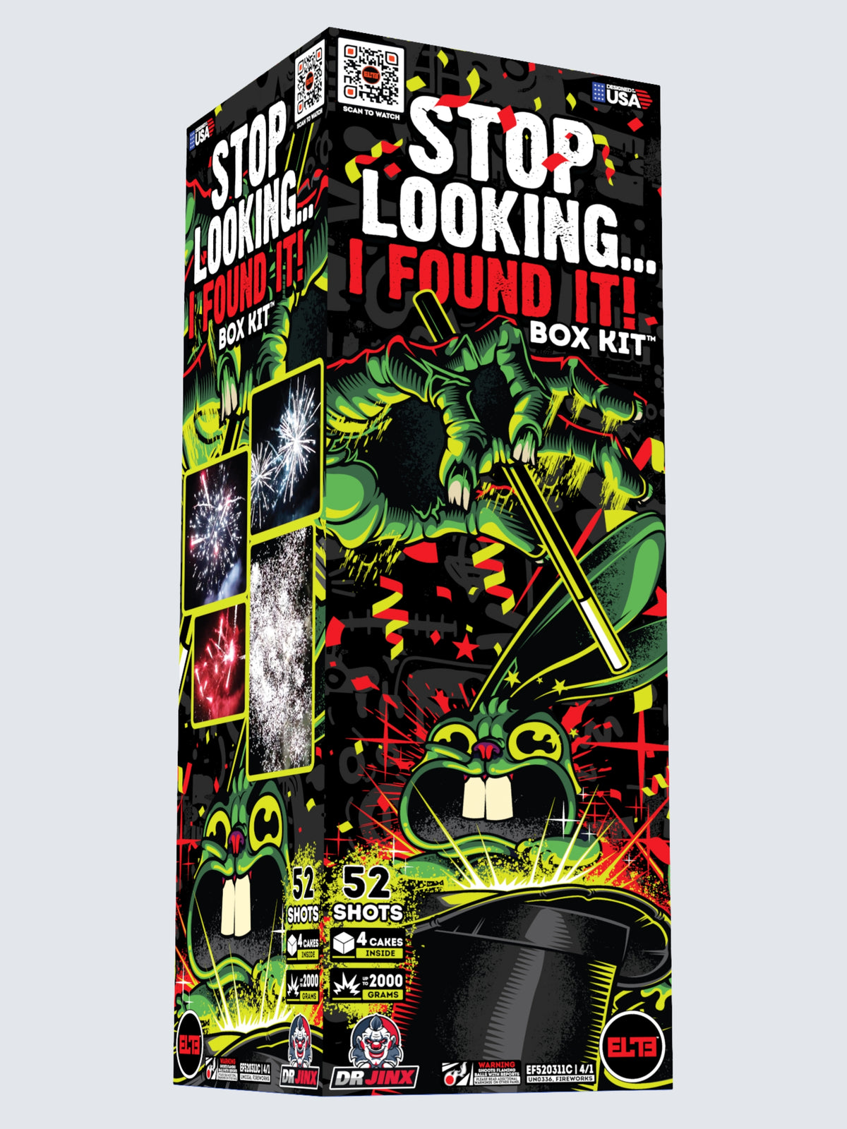 Box kit of Stop Looking I Found It large cake fireworks. Includes 52 total shots, with 4 cakes. Packaging shows a creepy hand summoning a scared bunny rabbit. 
