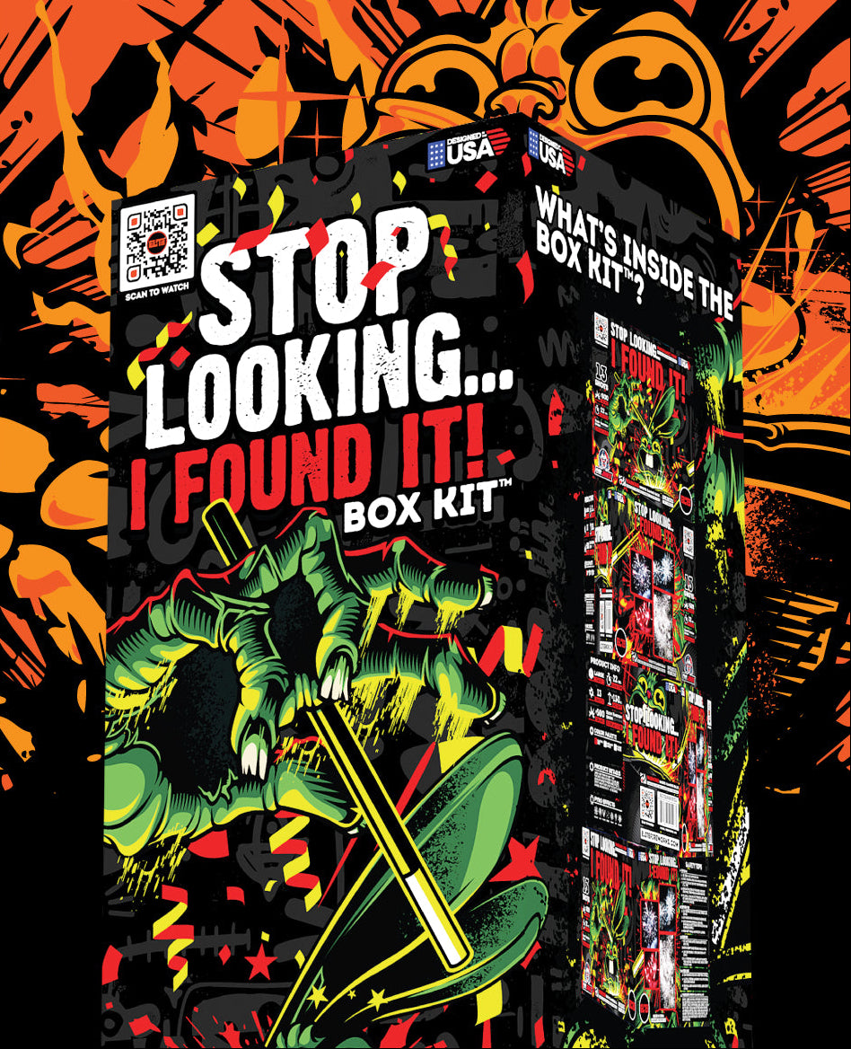 Stop Looking... I Found It! Box Kit promotional image featuring neon green magician artwork, set against a bold orange-and-black magic-themed background.
