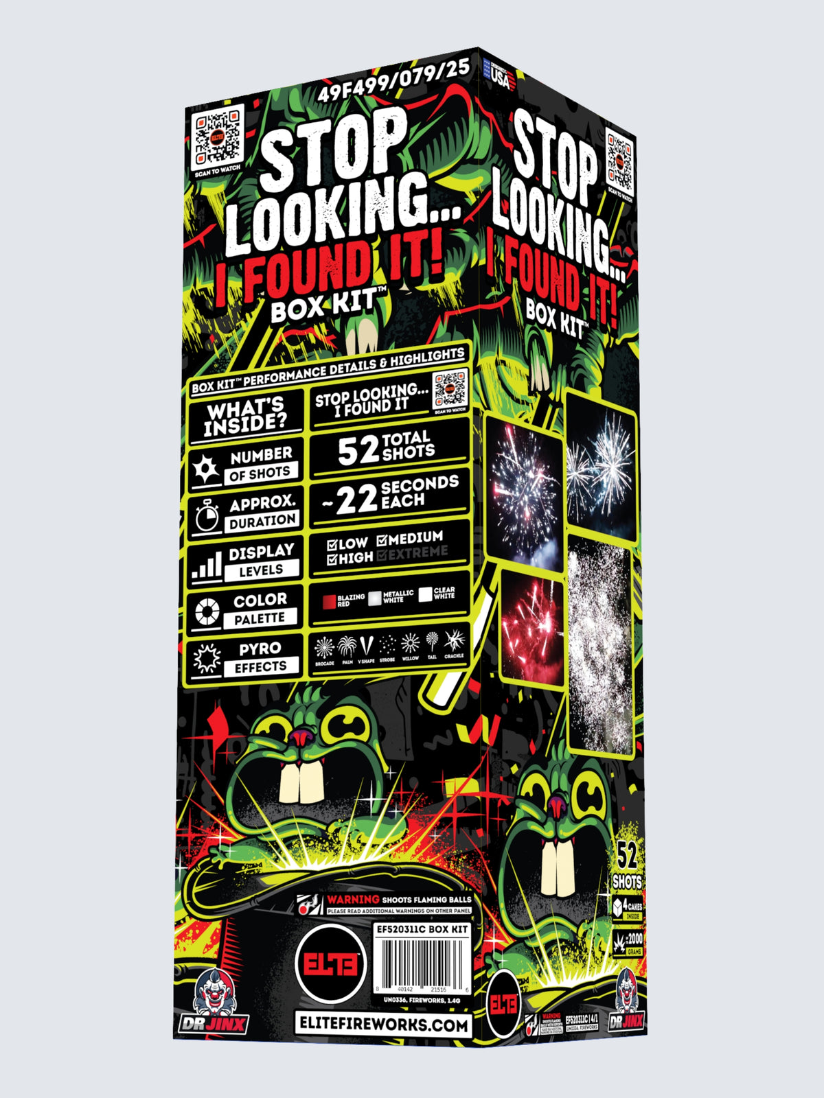 Box kit of Stop Looking I Found It large cake fireworks. Includes 52 total shots, with 4 cakes. Packaging shows a creepy hand summoning a scared bunny rabbit. 