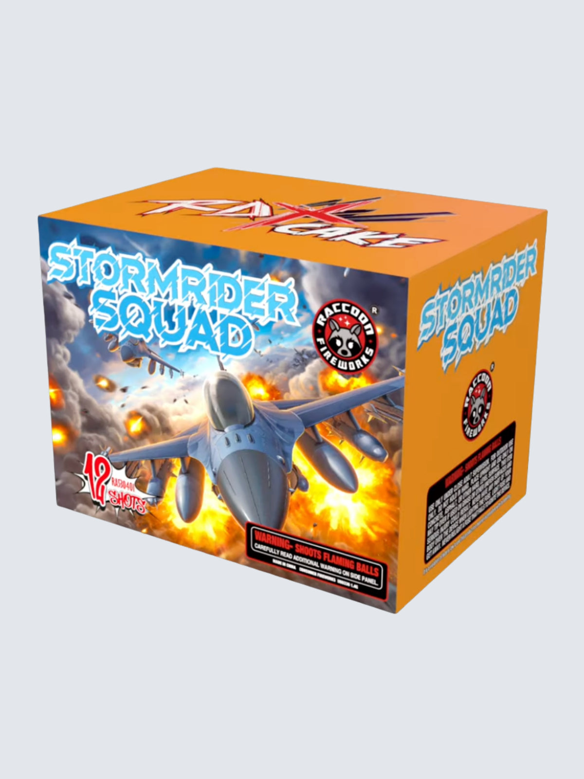 Stormrider Squad 12-shot aerial repeater firework by Raccoon Fireworks featuring dramatic fighter jet combat-themed box art with explosions, aircraft, and bold orange packaging.