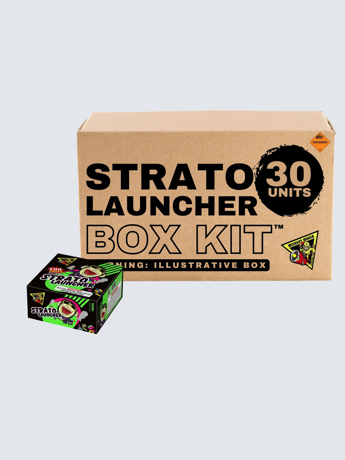 Strato Launcher 100-shot aerial repeater box kit with 30 units, Monkey Mania logo, and cartoon monkey art on black and green.