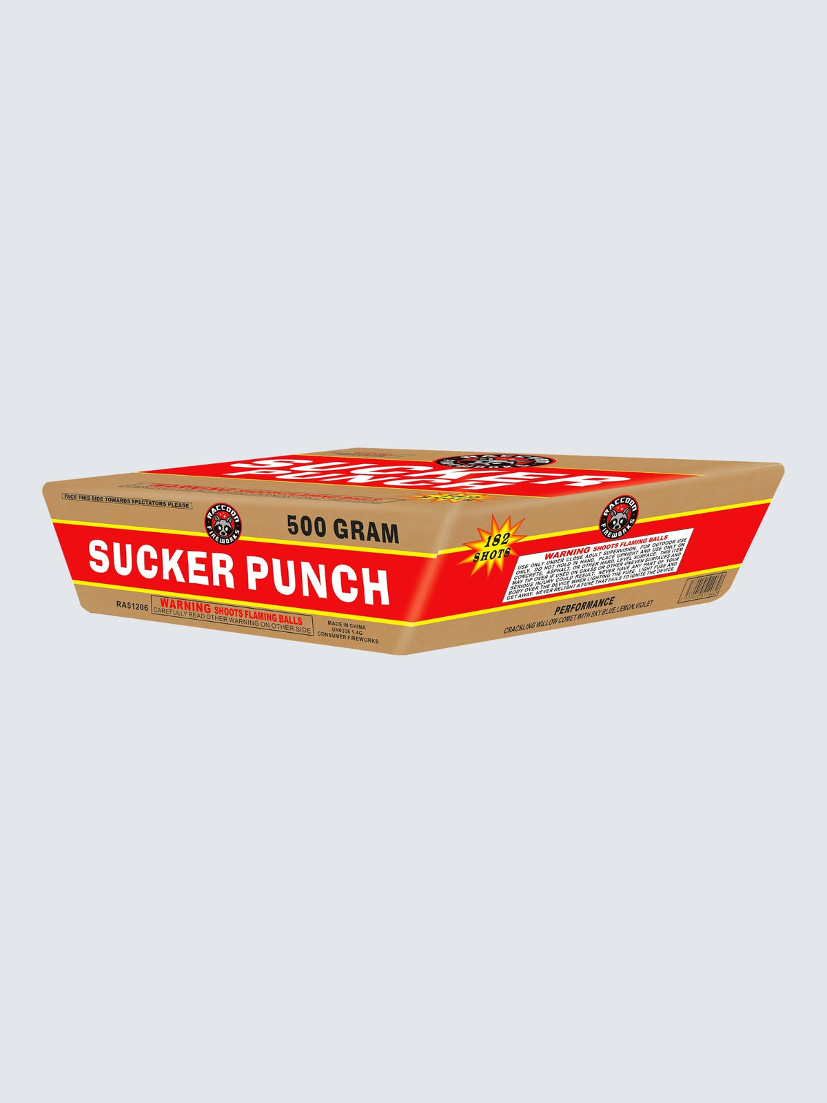 Sucker Punch 182-shot aerial repeater in brown packaging with red and yellow stripes.