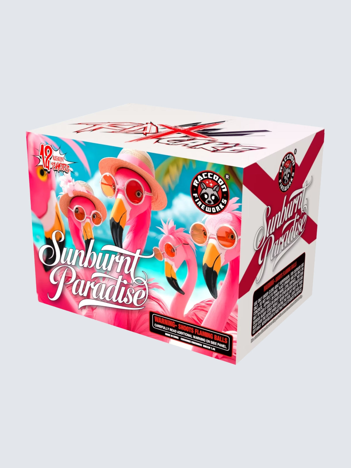Unit Sunburst Paradise large 12 shot cake fireworks. Packaging shows a bunch of pink flamingoes.