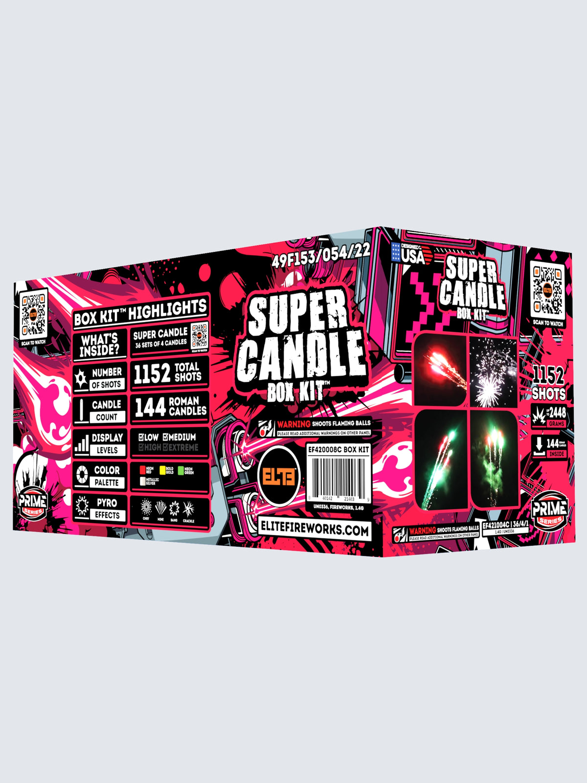 Box kit of Super Candle roman candles. Includes 144 candles. Packaging shows pink lasers. 