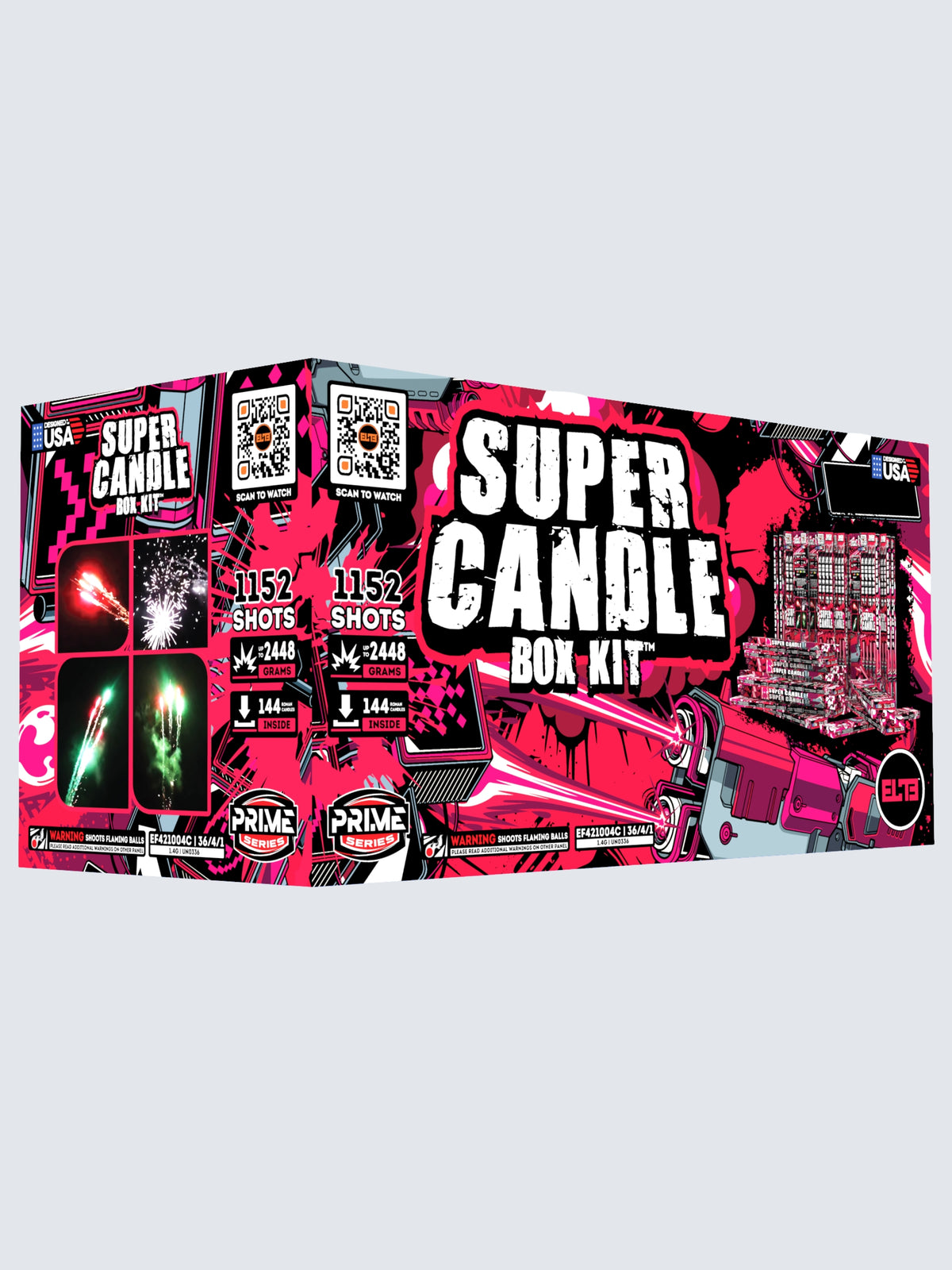 Box kit of Super Candle roman candles. Includes 144 candles. Packaging shows pink lasers. 