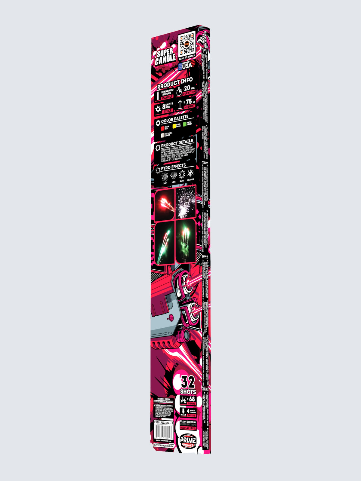 Unit of Super Candle roman candles. Packaging shows pink futuristic lasers. 