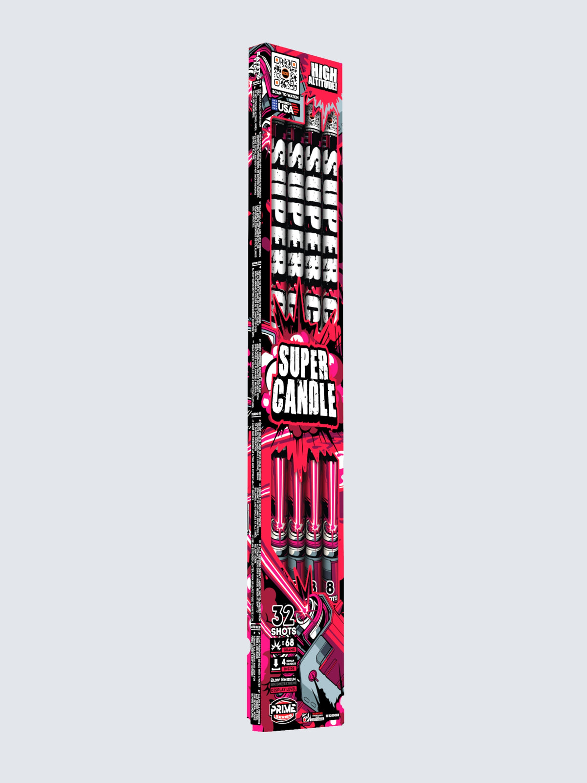 Unit of Super Candle roman candles. Packaging shows pink futuristic lasers. 