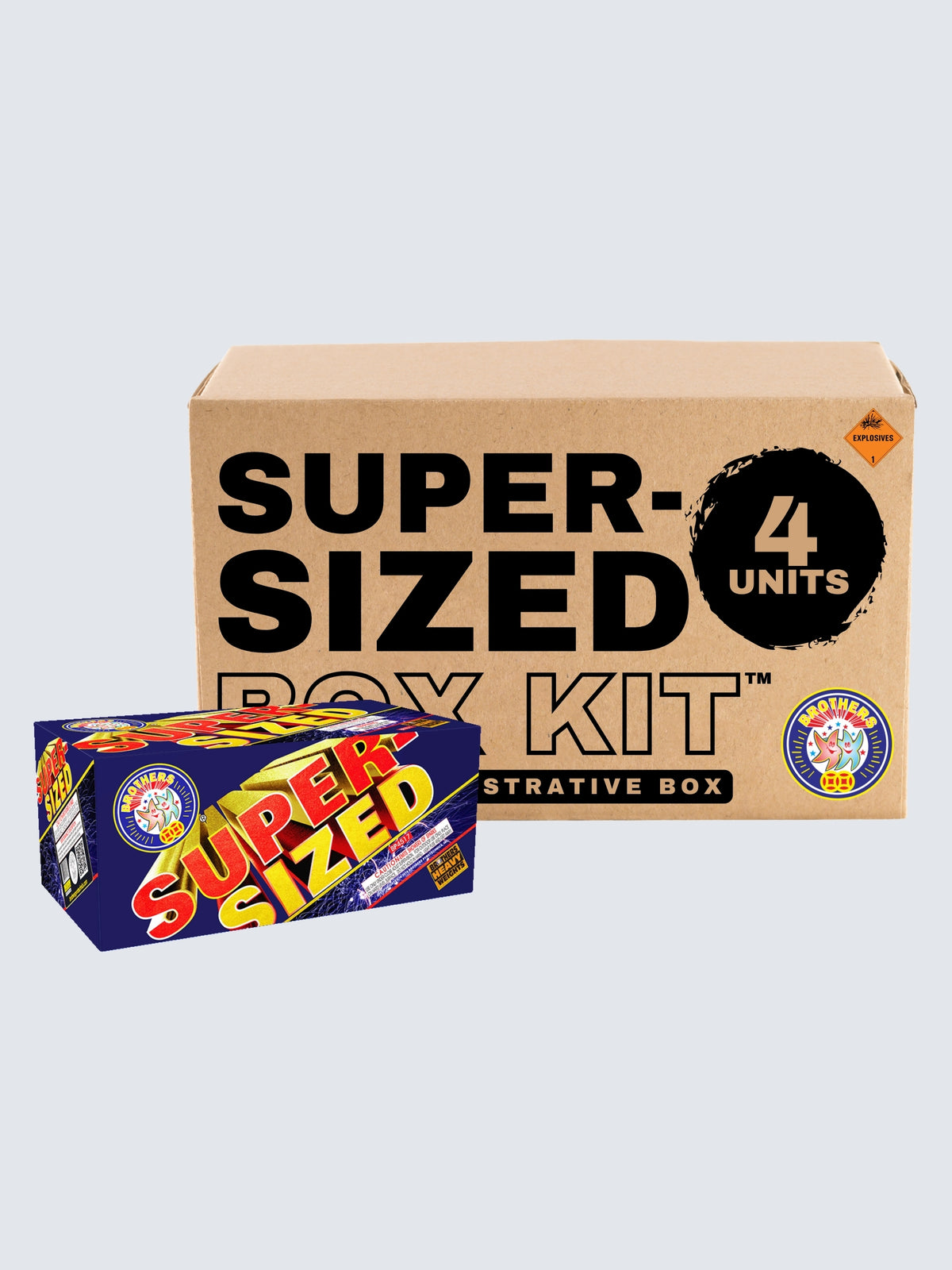 Super Sized 4-unit heavyweight aerial fireworks box kit by Brothers Fireworks featuring bold red and gold lettering on blue packaging