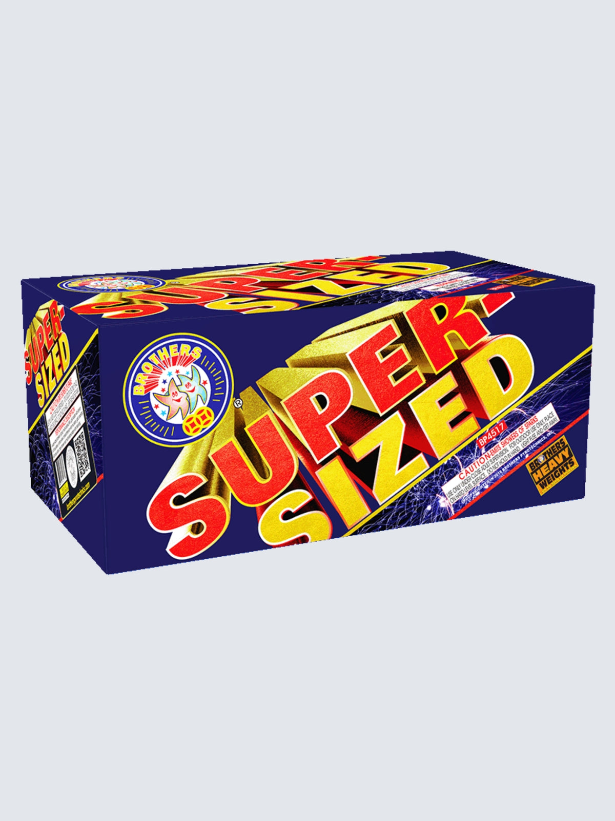 Super Sized heavyweight aerial fireworks cake by Brothers Fireworks featuring bold red and gold lettering on blue packaging