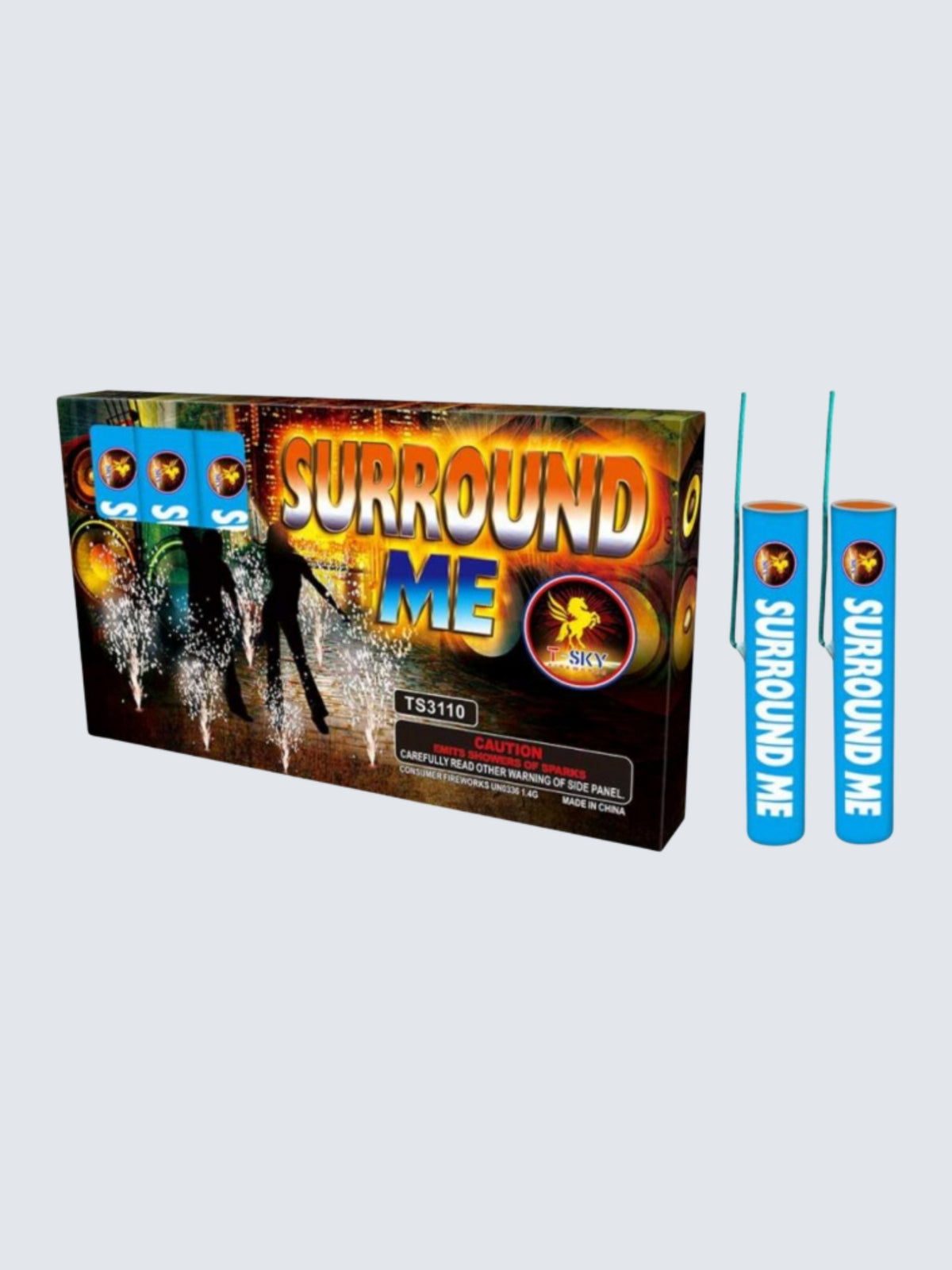 Surround Me novelty fireworks by T-Sky Fireworks featuring blue cylindrical tubes and colorful city nightlife packaging