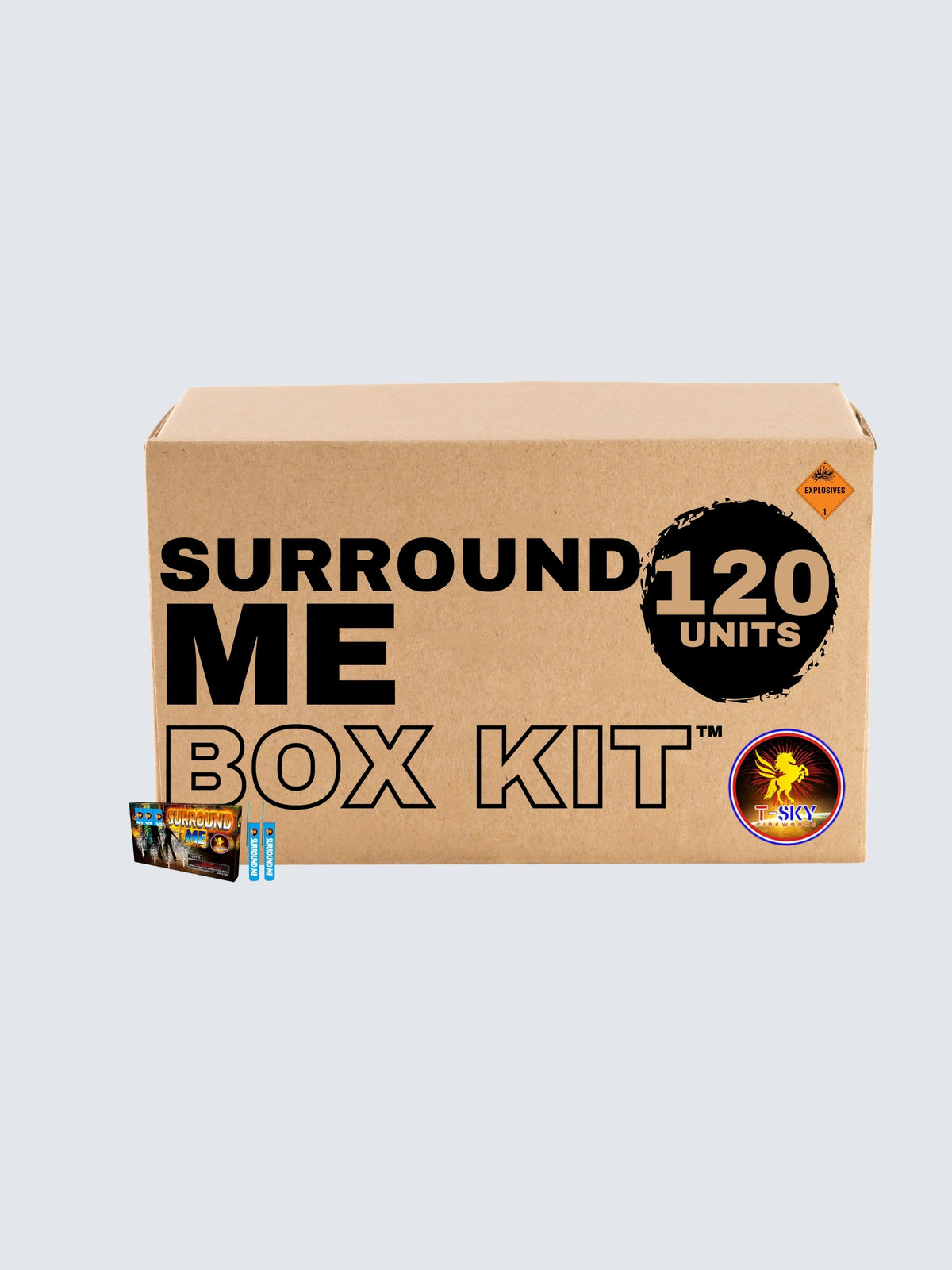 Surround Me fountain box kit by T-Sky Fireworks with 120 units, blue tubes, and dark packaging featuring spark showers.