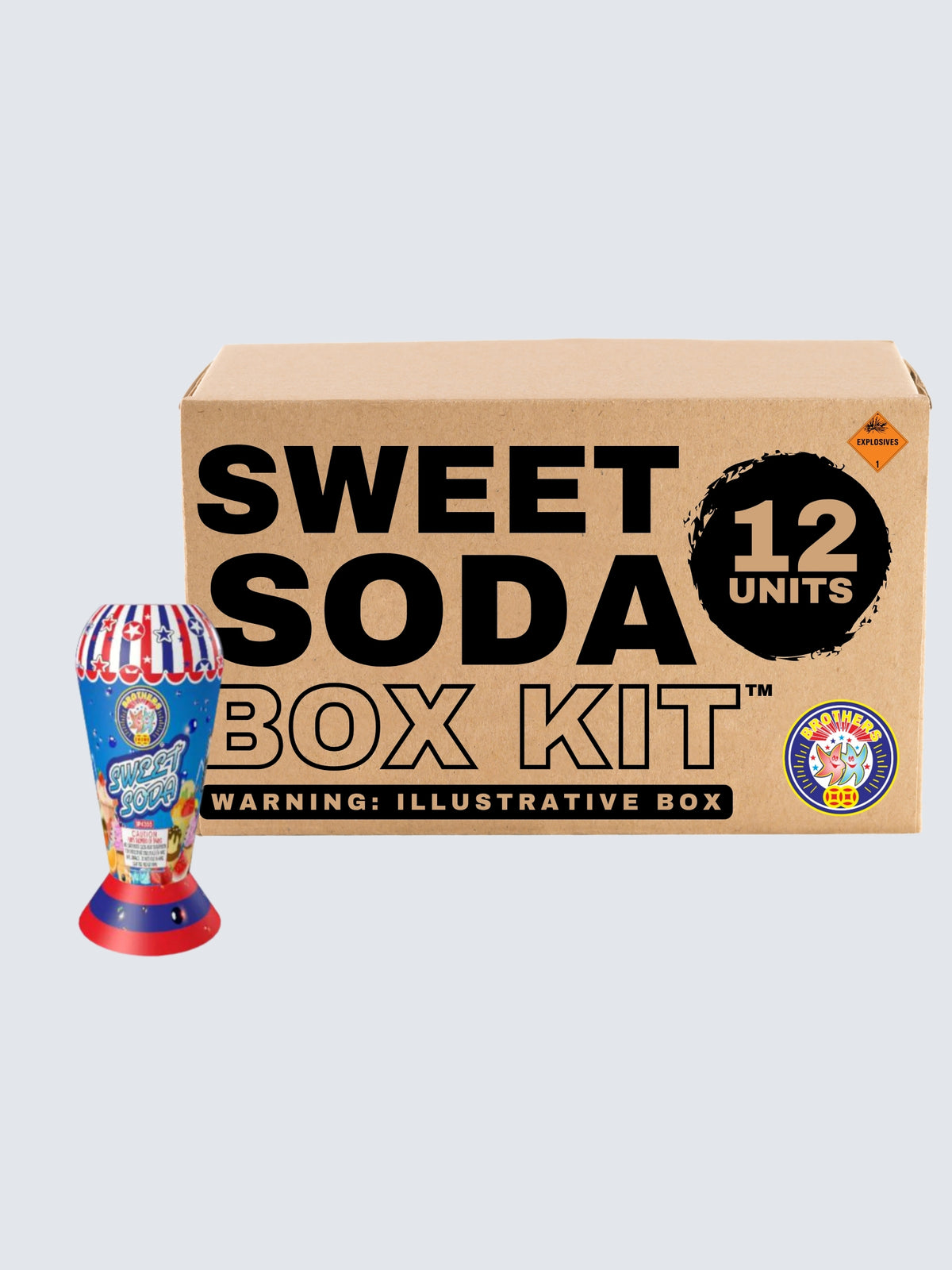 Sweet Soda fountain fireworks box kit by Brothers Fireworks, featuring 12 units with colorful soda cup artwork and patriotic stars.