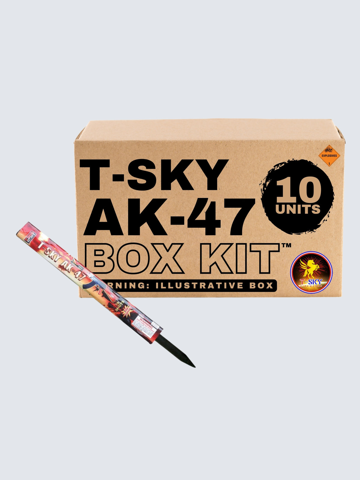 T-Sky AK-47 barrage candle fireworks box kit, featuring 10 units with red and black firearm-themed packaging.