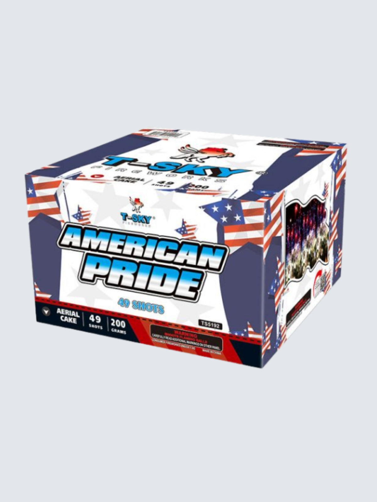 American Pride 49-shot aerial repeater by T-Sky Fireworks with American flags, white stars, and blue lettering on patriotic packaging.