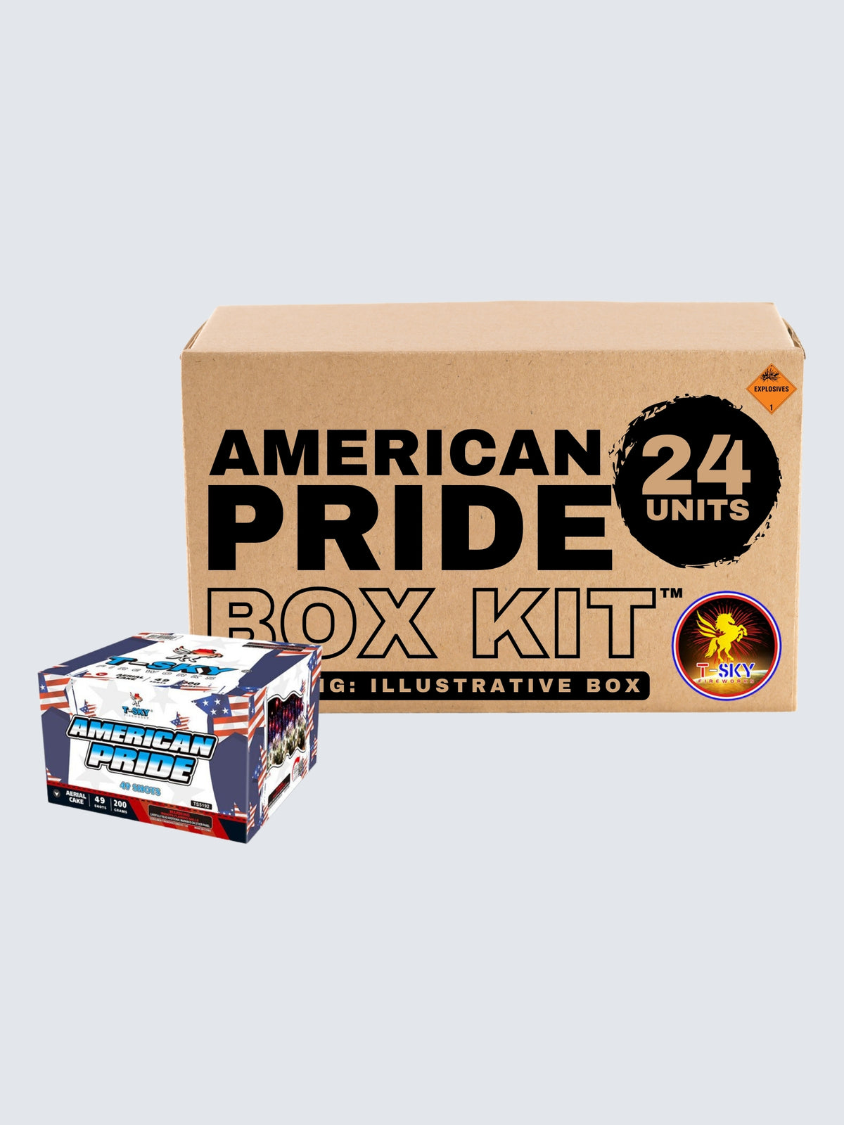 American Pride 49-shot aerial repeater box kit by T-Sky Fireworks with 24 units and patriotic flag-and-star packaging.