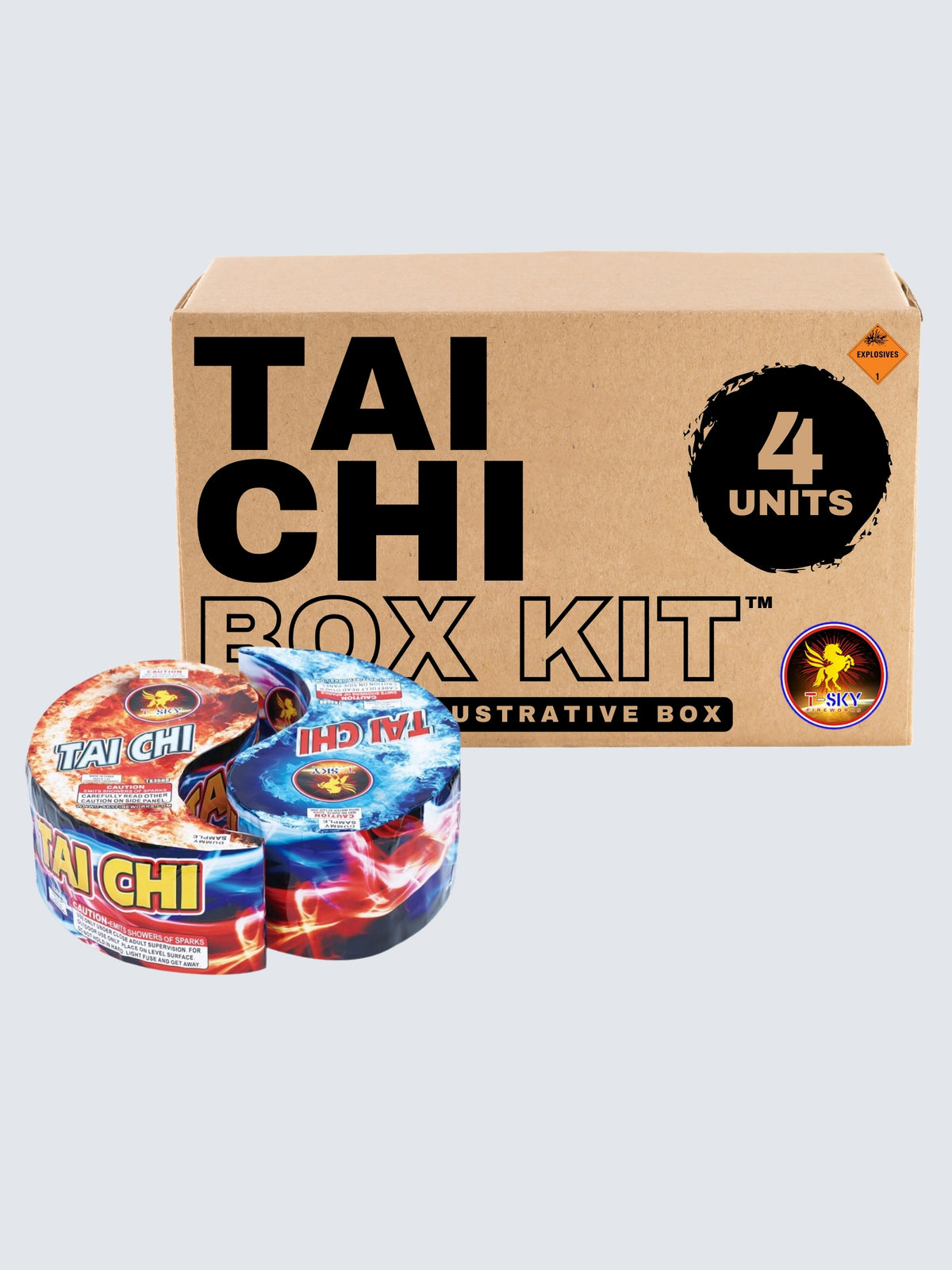 Tai Chi 4-unit novelty fountain fireworks box kit by T-Sky Fireworks featuring yin-yang shaped fire and ice designs