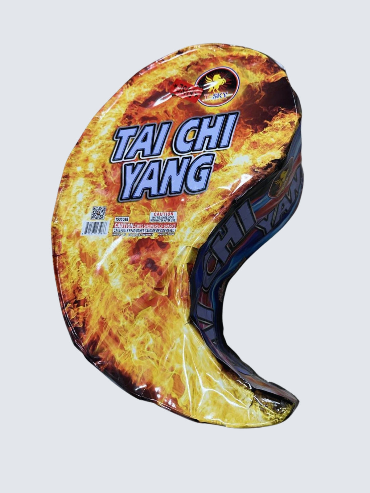 Tai Chi Yang novelty fountain firework by T-Sky Fireworks featuring yin-yang shaped design with fiery orange flame artwork