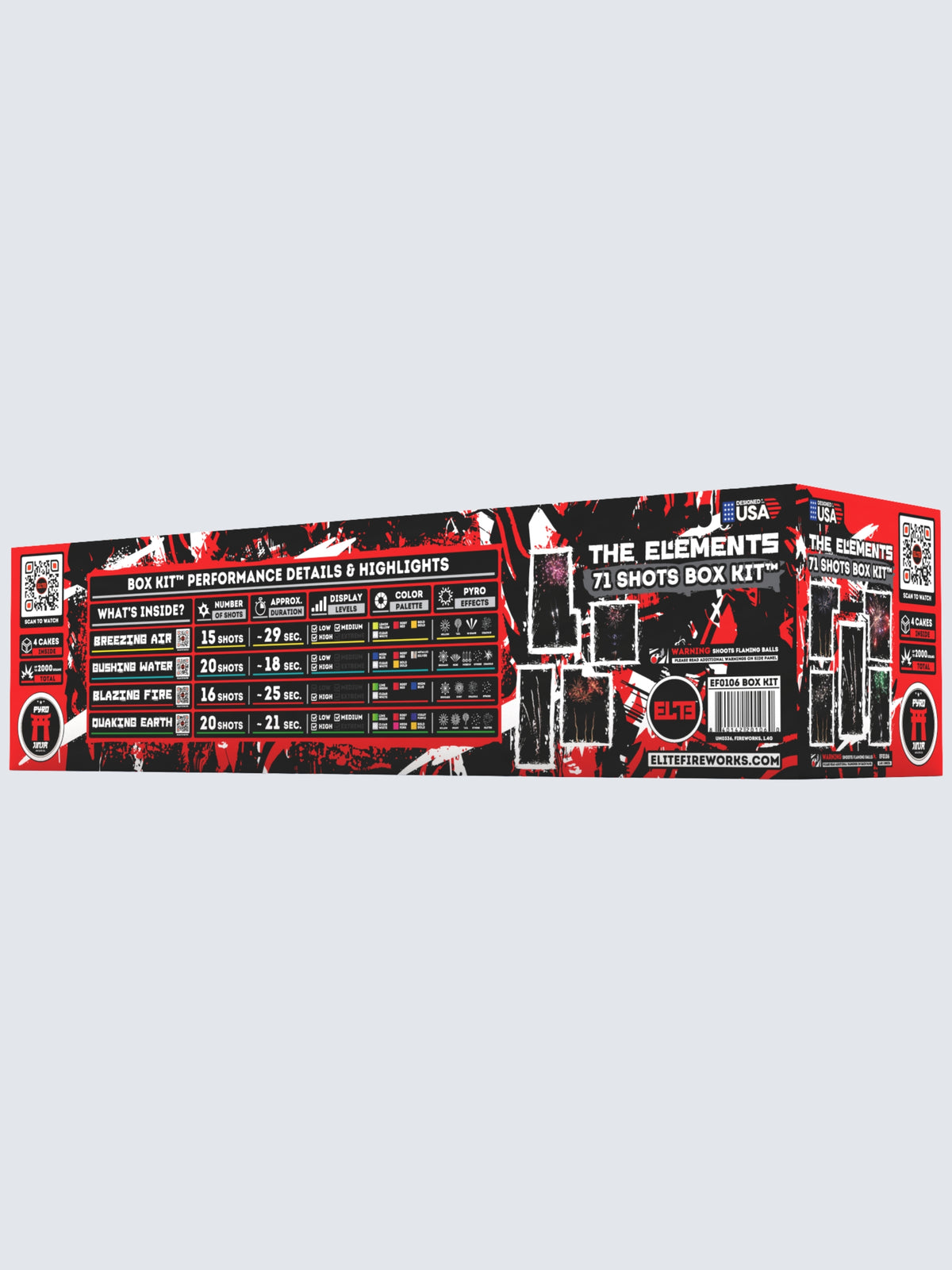 Box kit of The Elements large cake fireworks. Includes 71 shots. Packaging shows a red and black patterns. 