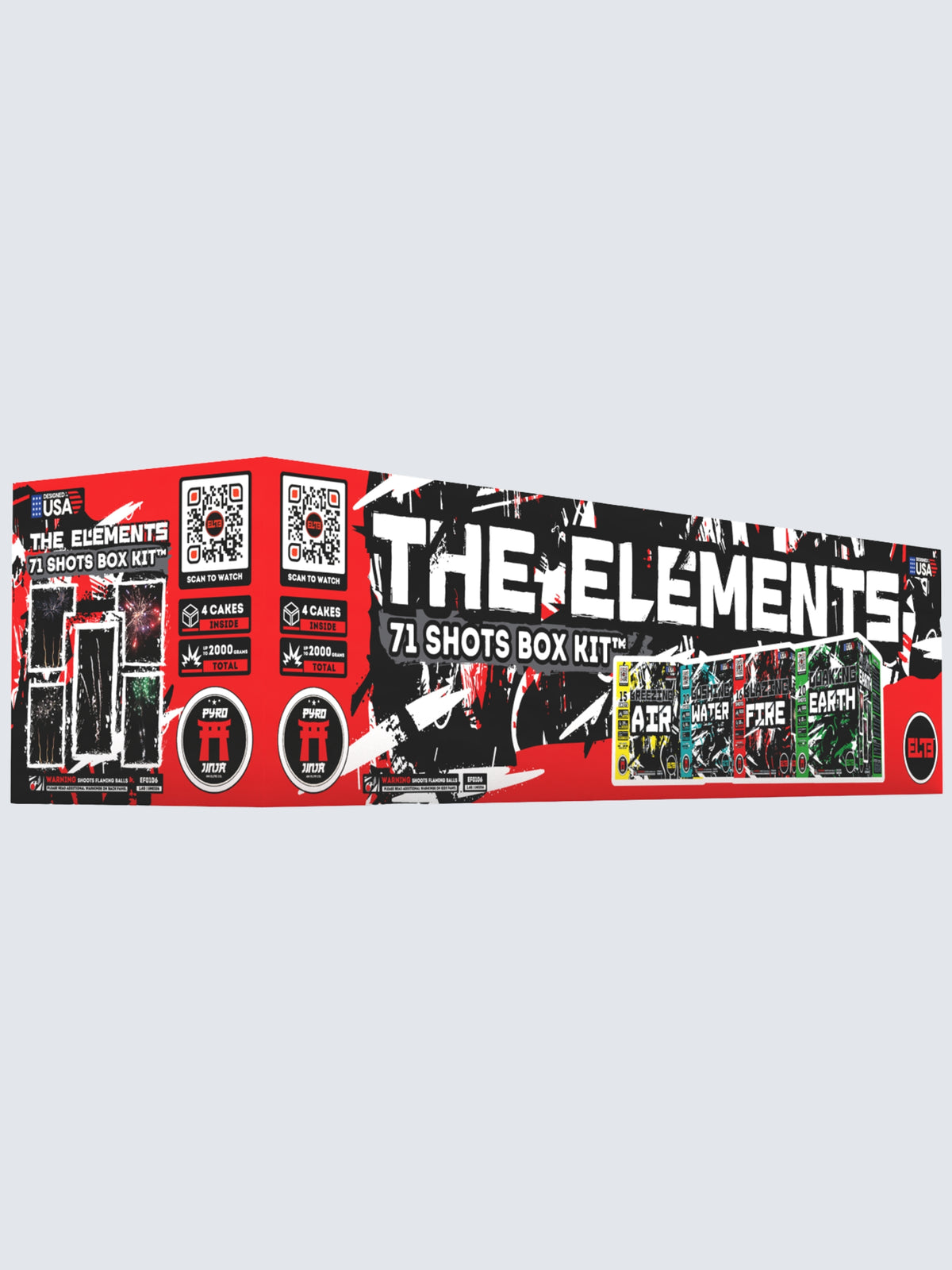 Box kit of The Elements large cake fireworks. Includes 71 shots. Packaging shows a red and black patterns. 