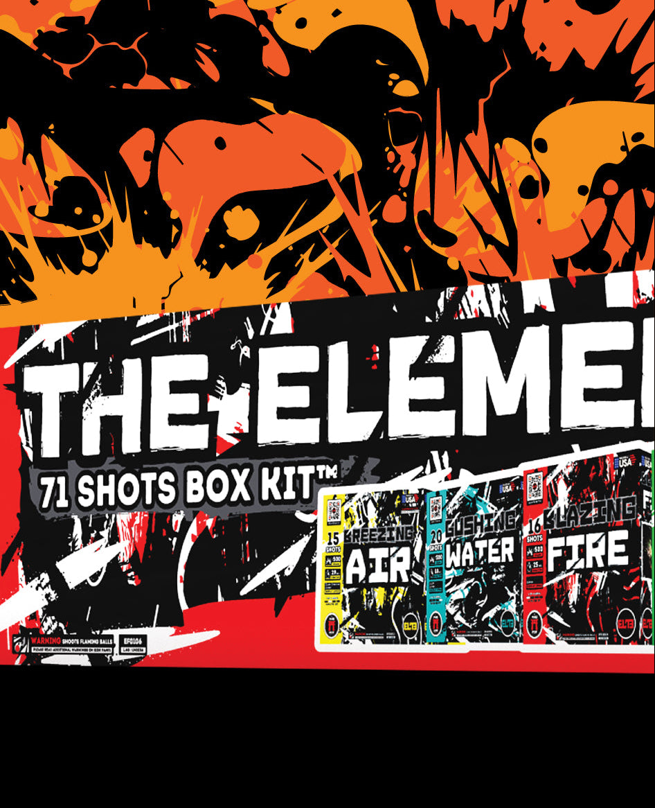 The Elements 71 Shot Box Kit promotional image featuring Breezing Air, Gushing Water, and Blazing Fire cakes with bold red, white, and black artwork, set against an abstract orange-and-black background.