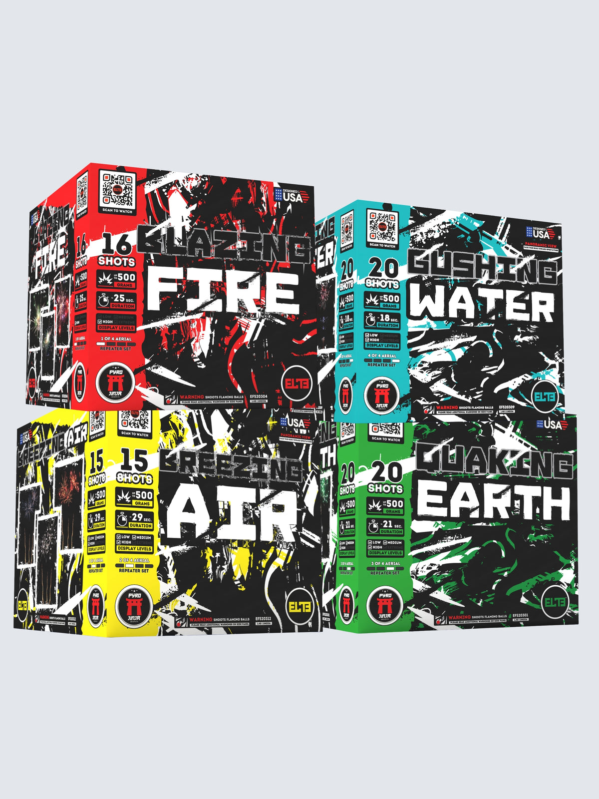 Variant units of Elements, including Blazing Fire, Gushing Water, Breezing Air, and Quaking Earth large cake fireworks.