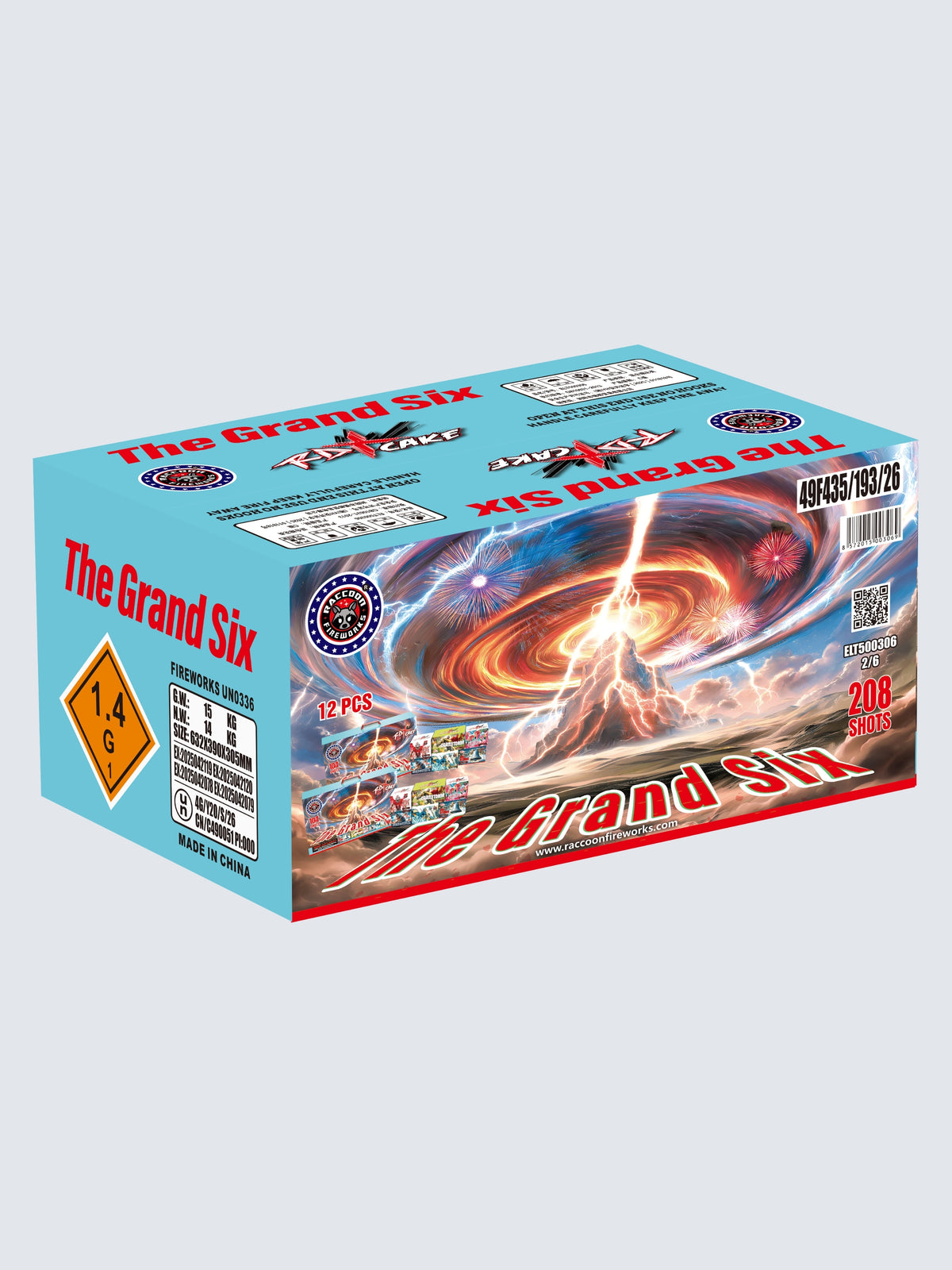 The Grand Six 208-shot aerial repeater fireworks assortment by Raccoon Fireworks featuring dramatic tornado, lightning, fireworks, and storm-themed box art with 12 pieces.