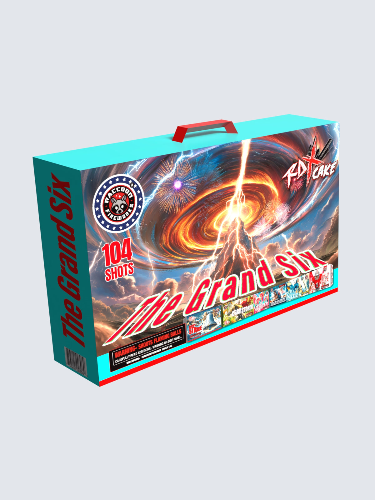 The Grand Six 104-shot aerial repeater fireworks sleeve kit by Raccoon Fireworks featuring dramatic tornado, lightning, fireworks, and storm-themed artwork with a convenient carrying handle.