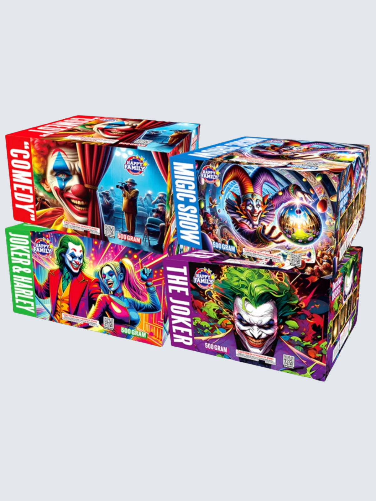 Variants of the Motley Fool assortment, clown themed large fountain fireworks. 