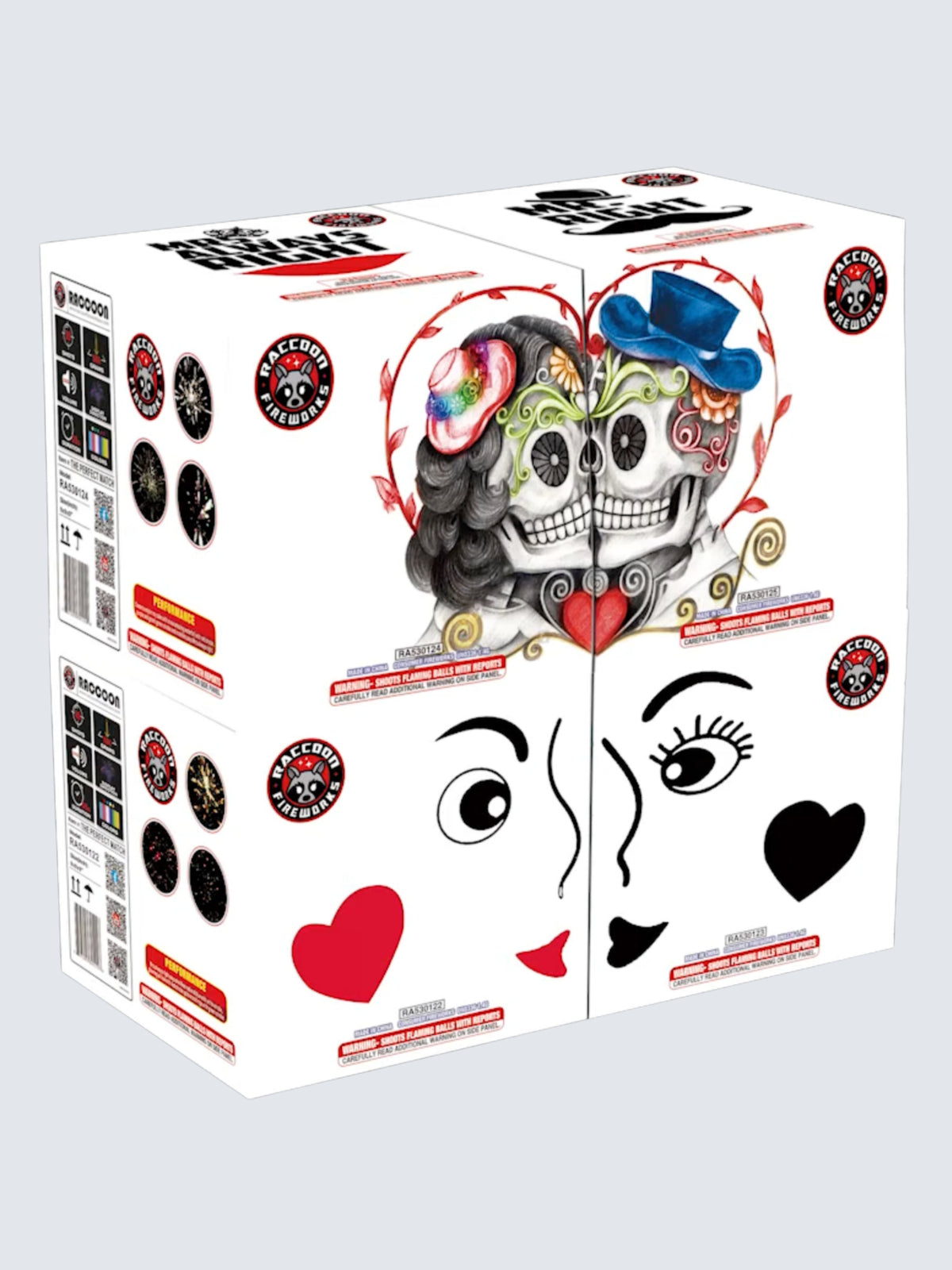 Variant units of The Perfect Match fireworks assortment. Packaging shows white background and cartoons. 
