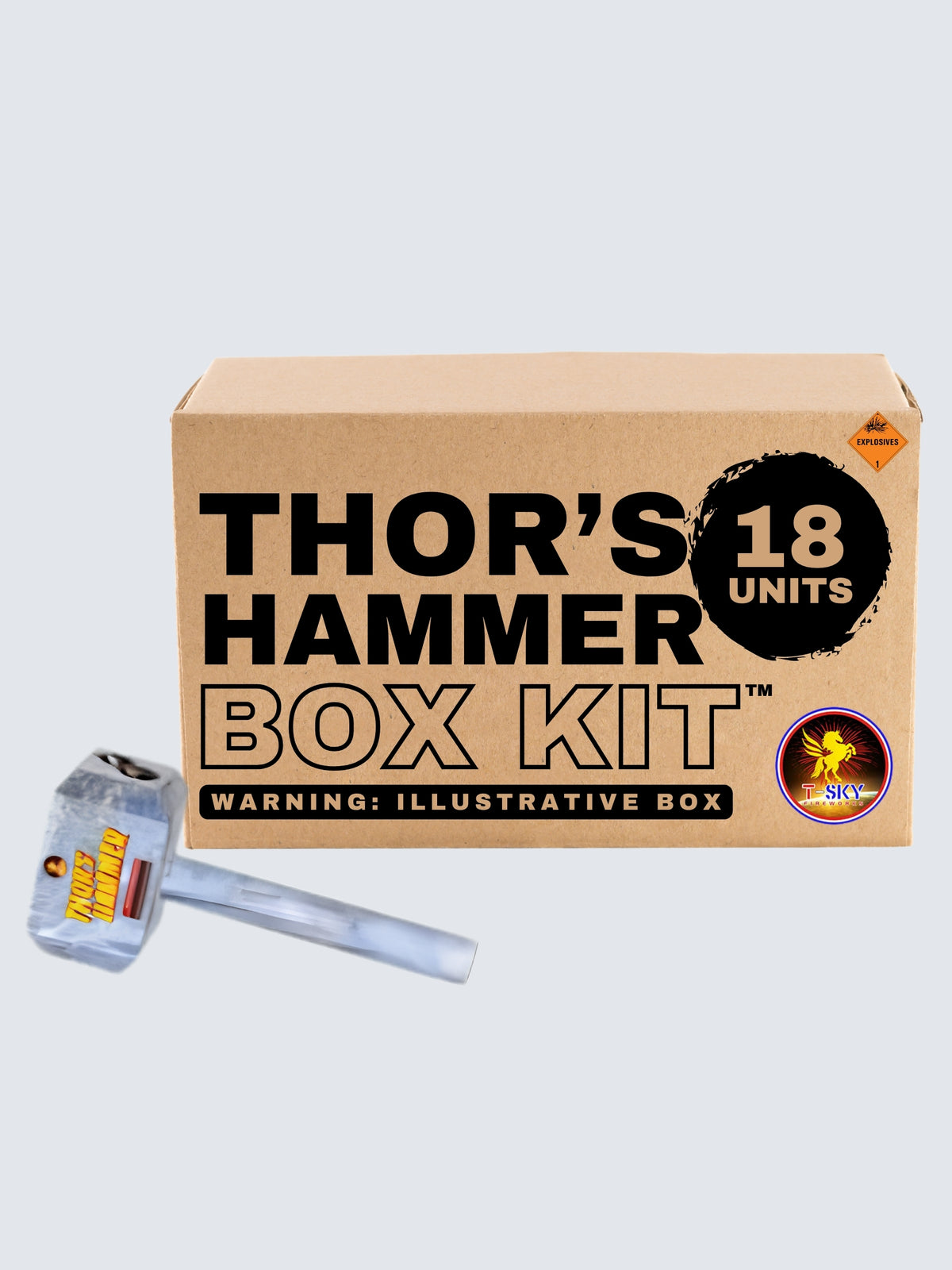 Thor’s Hammer 18-unit novelty fireworks box kit by T-Sky Fireworks featuring silver hammer-shaped fireworks