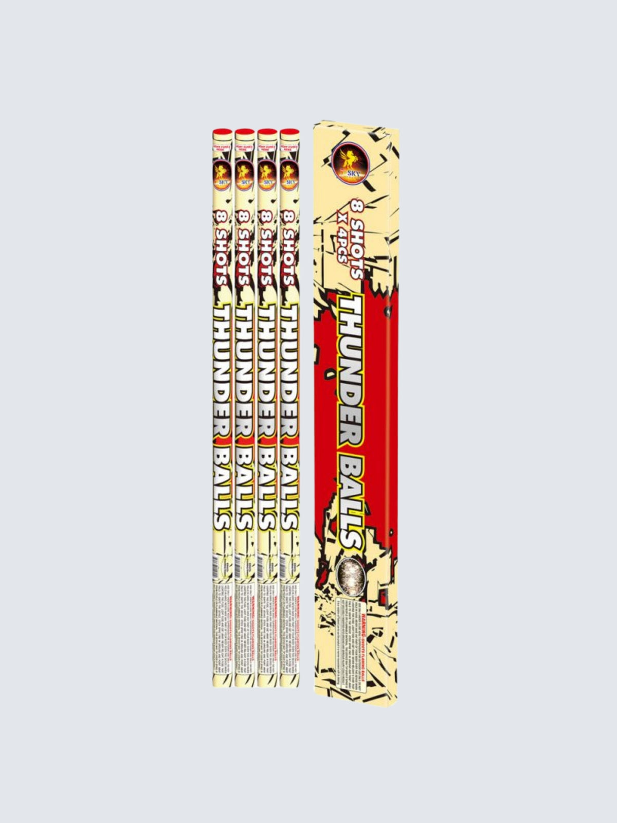 T-Sky Fireworks Thunder Balls 8-shot barrage candle in red and yellow packaging.
