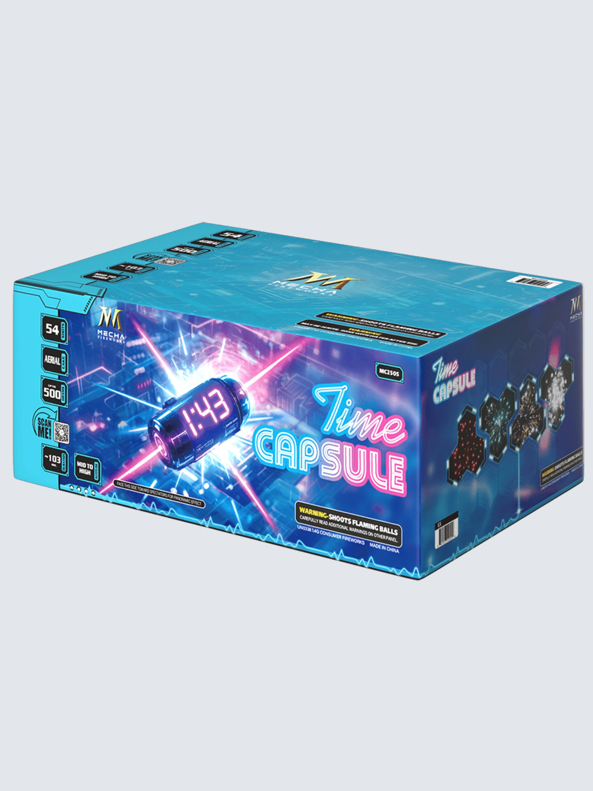 Unit of Time Capsule large 54 shot firework. The packaging shows a timer with futuristic background.