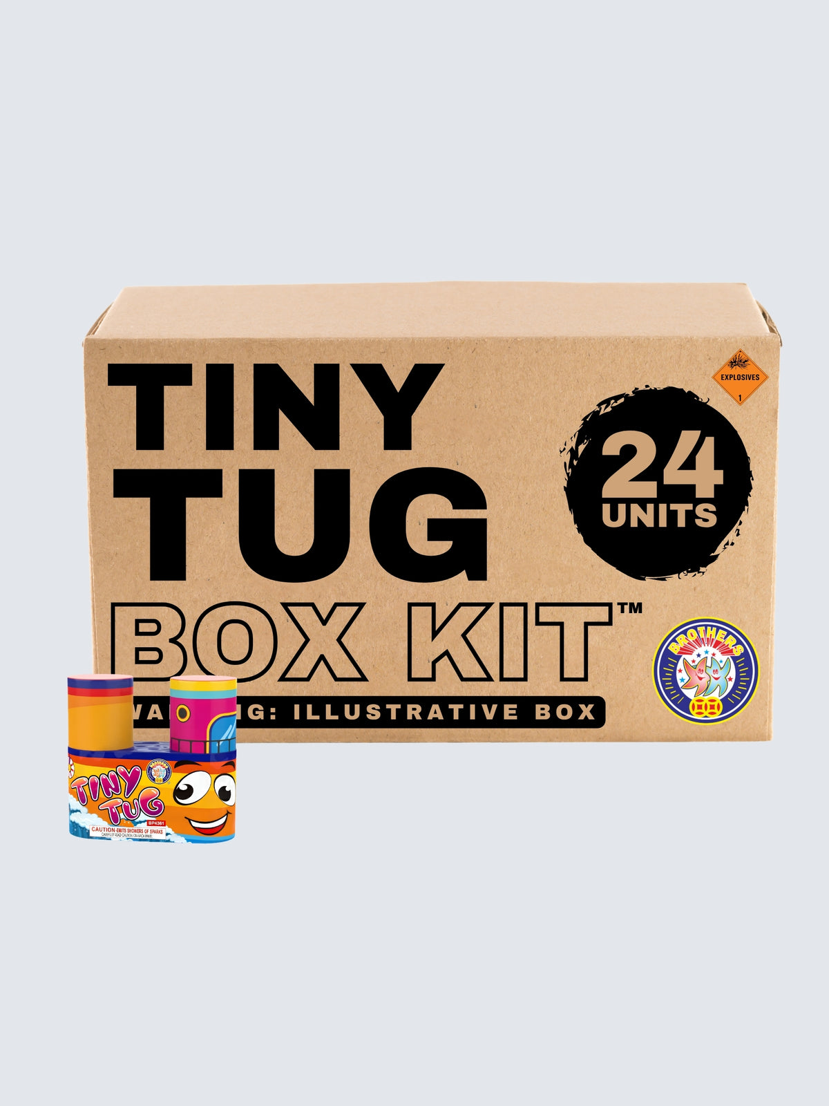 Tiny Tug novelty fireworks box kit by Brothers Fireworks, featuring 24 units with colorful tugboat designs and smiling cartoon faces.