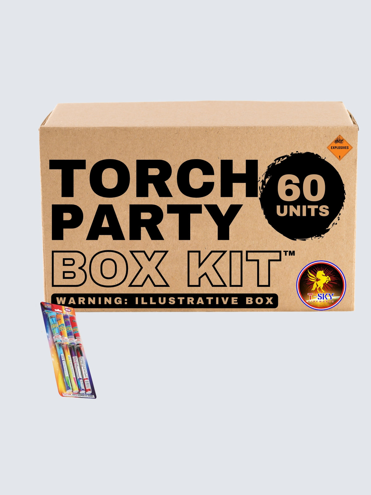 Torch Party fireworks 60-unit box kit by T-Sky Fireworks, featuring colorful handheld torches in vibrant rainbow packaging.