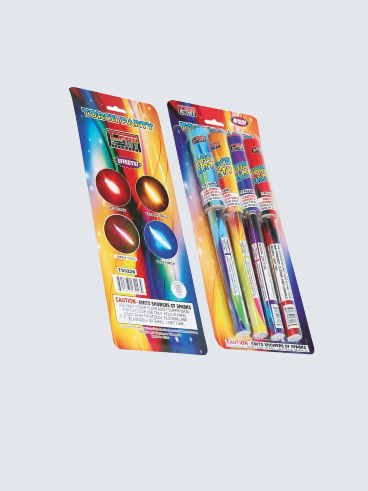Torch Party fireworks by T-Sky Fireworks, four colorful handheld torches with vibrant rainbow packaging and multicolor spark effects.