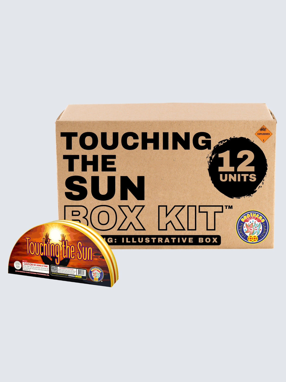 Touching the Sun fountain box kit by Brothers Fireworks with 12 units and semicircular packaging with orange sunset art.