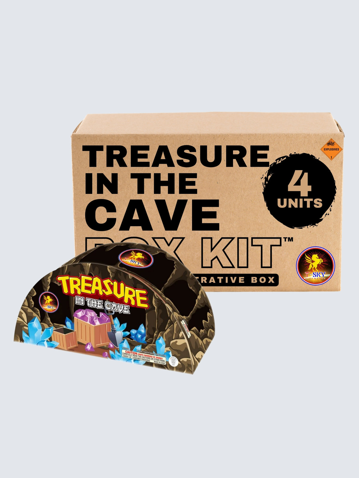 Treasure in the Cave 4-unit novelty fountain fireworks box kit by T-Sky Fireworks featuring cave, crystal and treasure artwork