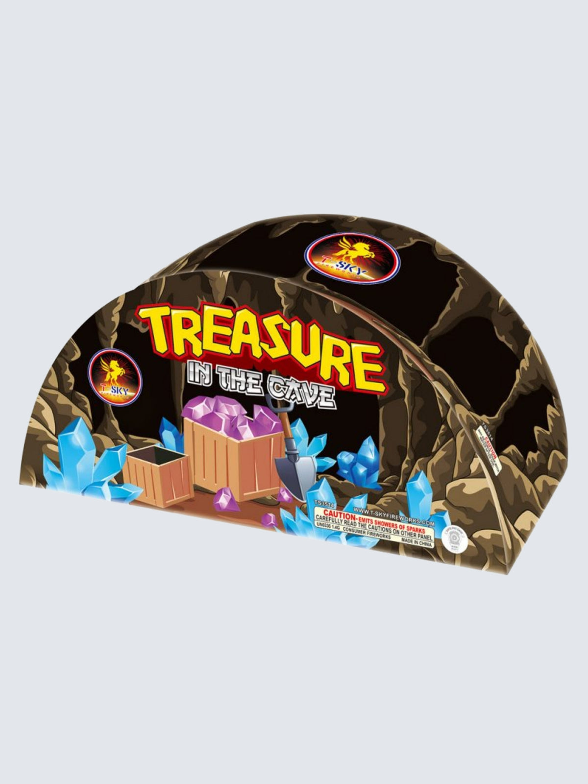 Treasure in the Cave novelty fountain firework by T-Sky Fireworks featuring cave, crystal, treasure crate and mining artwork