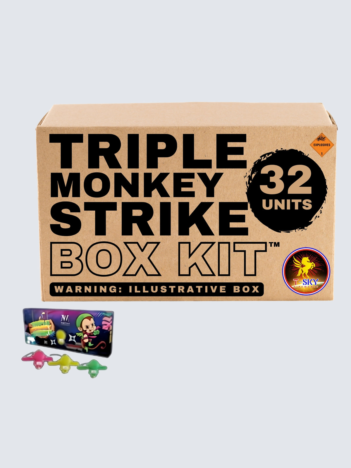 Triple Monkey Strike Rapid Wing Aerial box kit by T-Sky Fireworks, featuring 32 units with colorful flying novelties and monkey artwork.